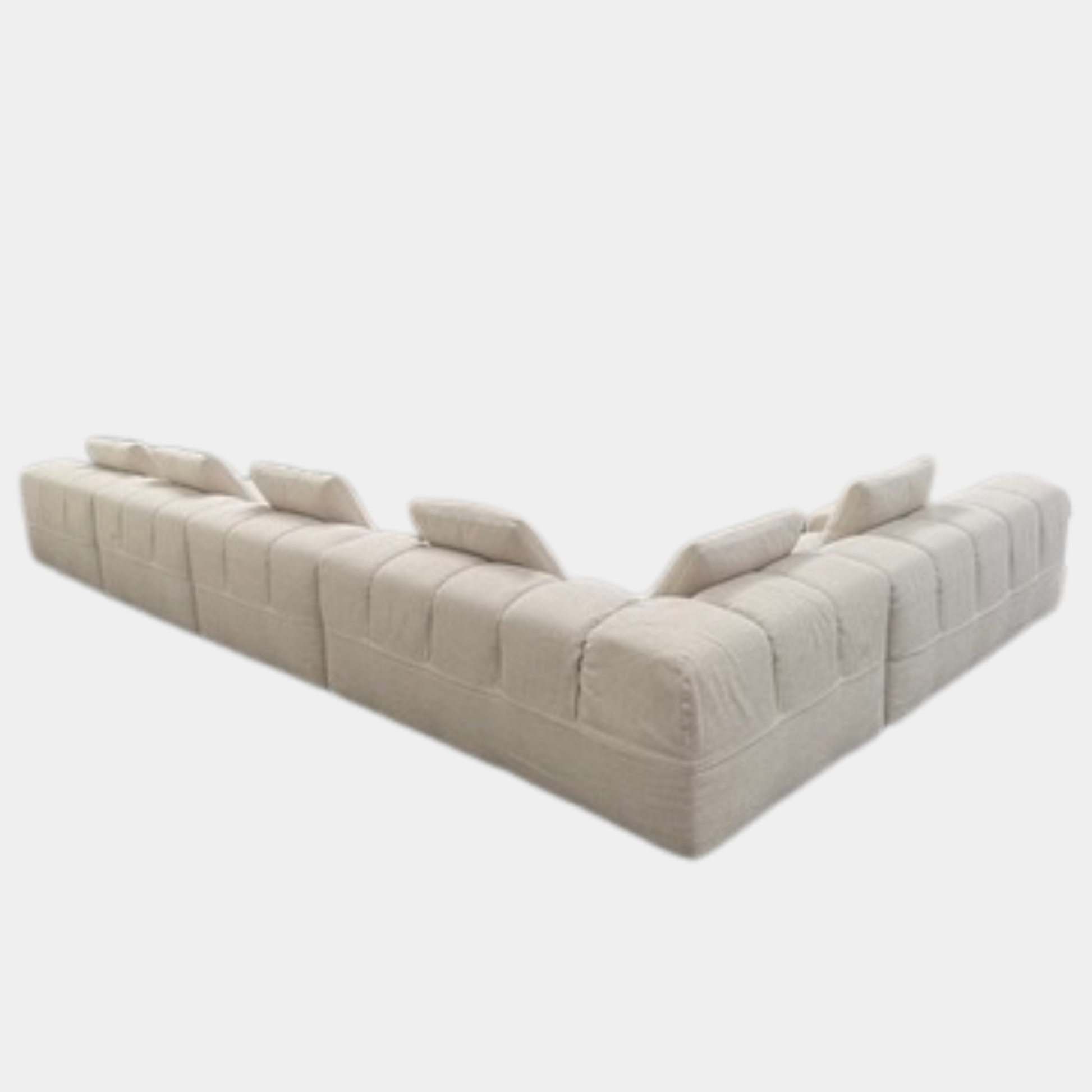 B&B Italia 5 Piece Tufty Time Sectional (r1) by B&B Italia, featuring a beige modular sofa with five numbered sections, each corresponding to detailed dimensions and descriptions listed below the image. Inspired by iconic designs such as the original B&B Italia sofa and Tufty Time sectional.