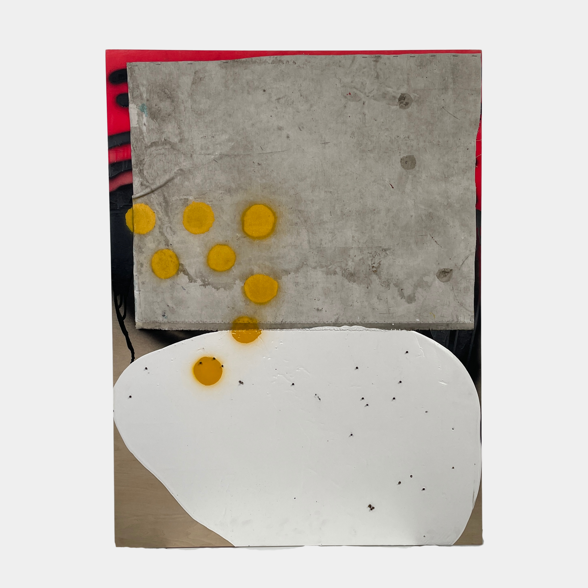 The diptych "Before We Met" by Allison Caesar displays a masterful mixed media technique: the left panel features intricately detailed gray, white, and yellow circles, while the right panel offers dynamic textures as yellow paint interacts with torn paper on a textured surface.