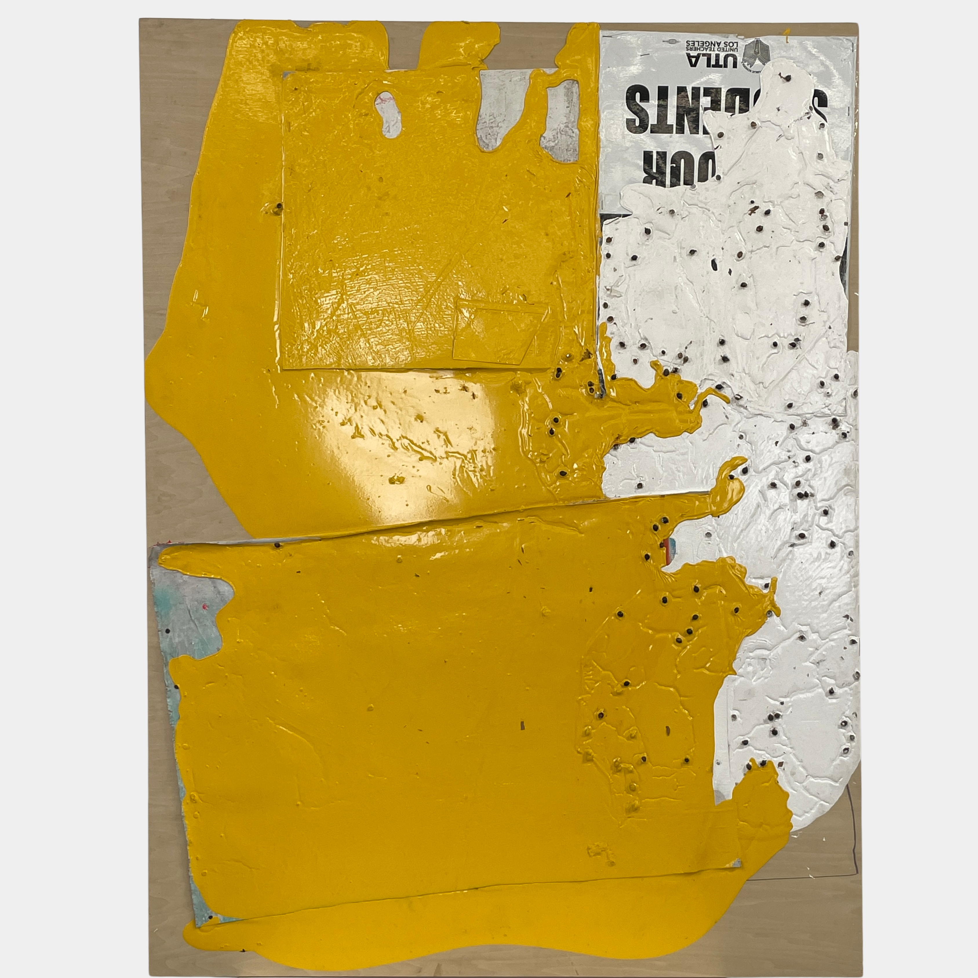 The diptych "Before We Met" by Allison Caesar displays a masterful mixed media technique: the left panel features intricately detailed gray, white, and yellow circles, while the right panel offers dynamic textures as yellow paint interacts with torn paper on a textured surface.