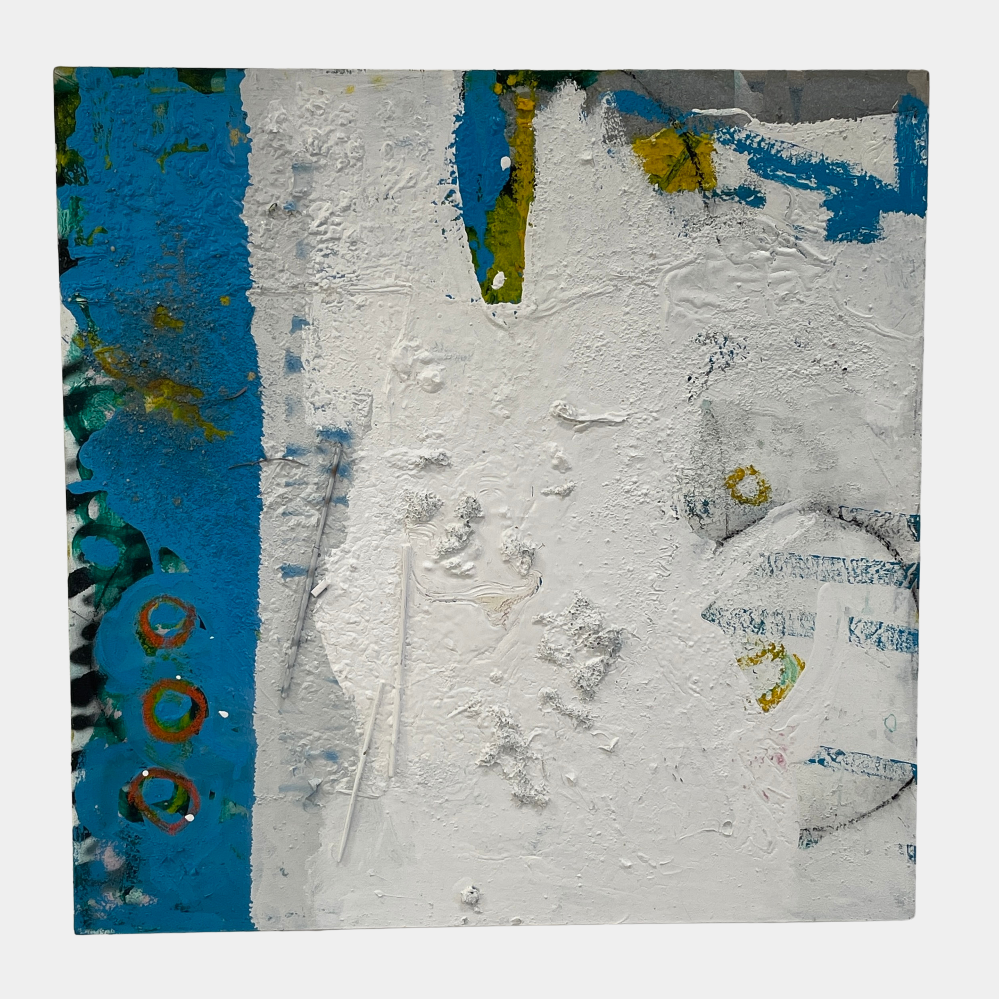 Artist's 'Painting: Variation' by Allison Caesar showcases textured layers of white, blue, with subtle yellow and green. Circular patterns on the left blend collage elements, mixing paint with relief details.