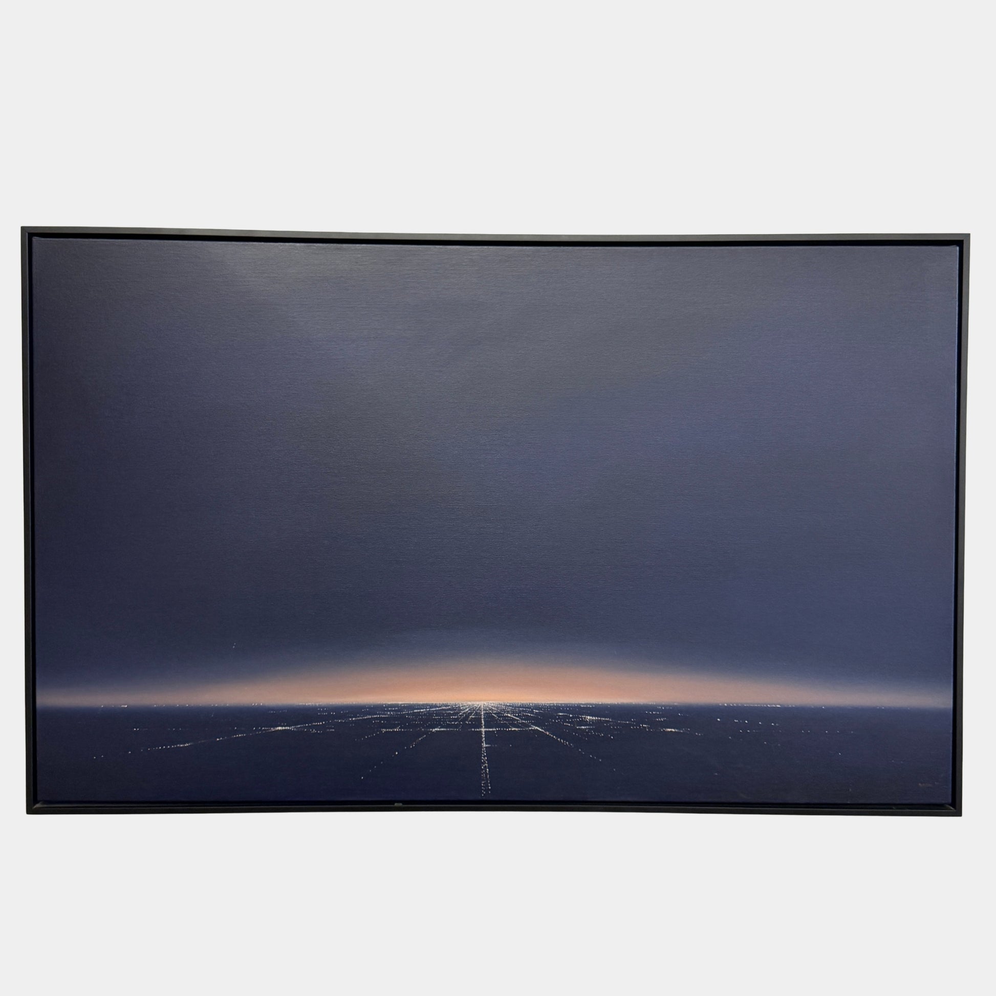 Inspired by "Painting: Western Arrival by Eric Nash" from Artist, this artwork shows a cityscape at dusk or dawn with a grid of lights and an orange glow on the horizon beneath a dark sky.
