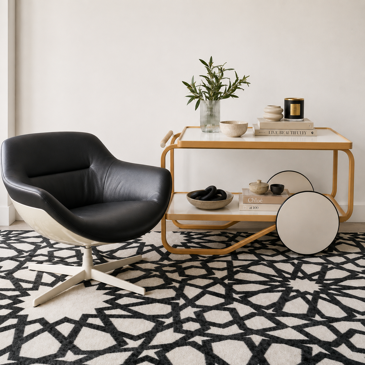 Cassina Auckland Swivel Lounge Chair by Jean-Marie Massaud, featuring a modern black and white curved seat with a metal base, is showcased on a concrete floor against a plain white background.