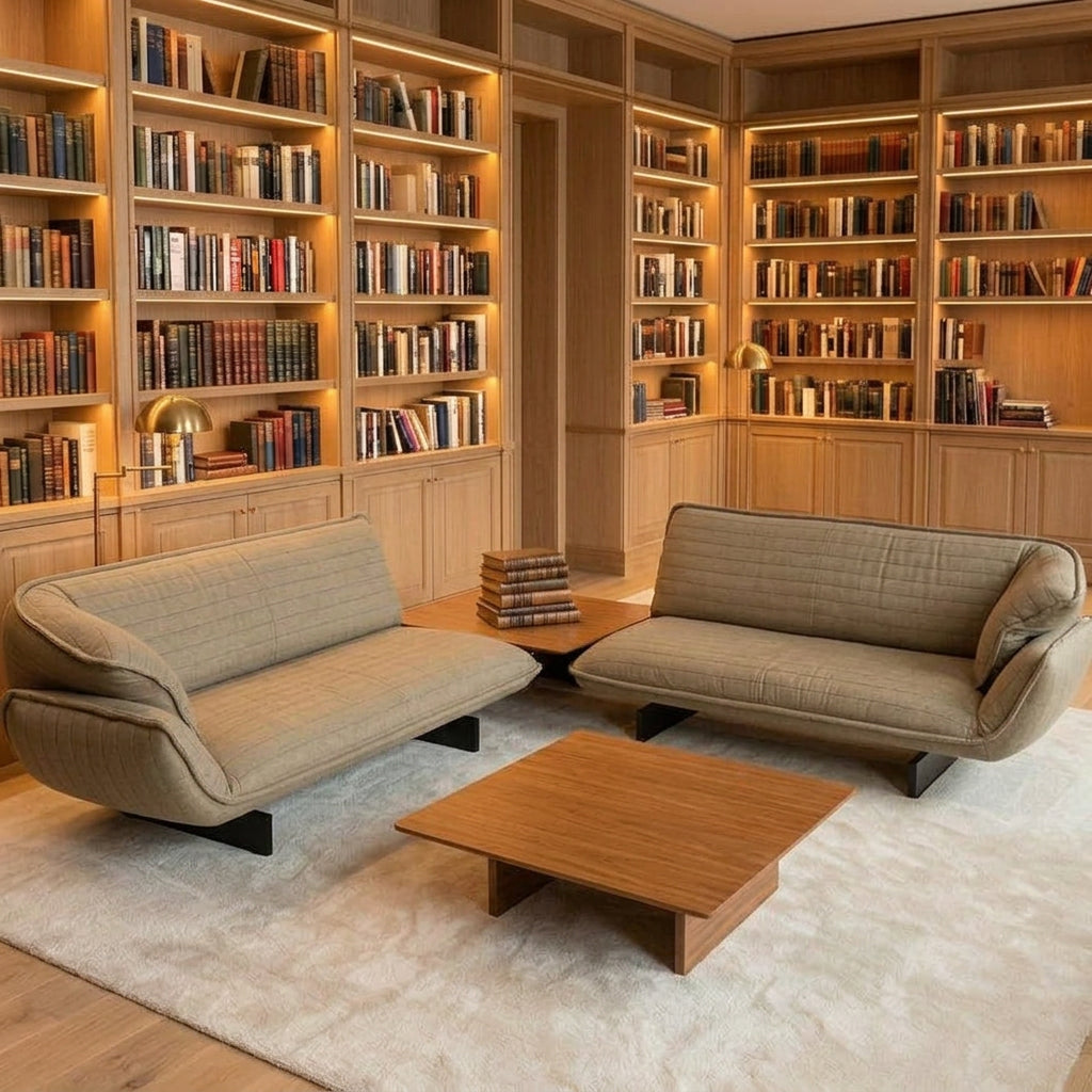 Two tan upholstered Cassina Beam Sectional Sofa with Corner Table sections connected by a rectangular wooden corner table.