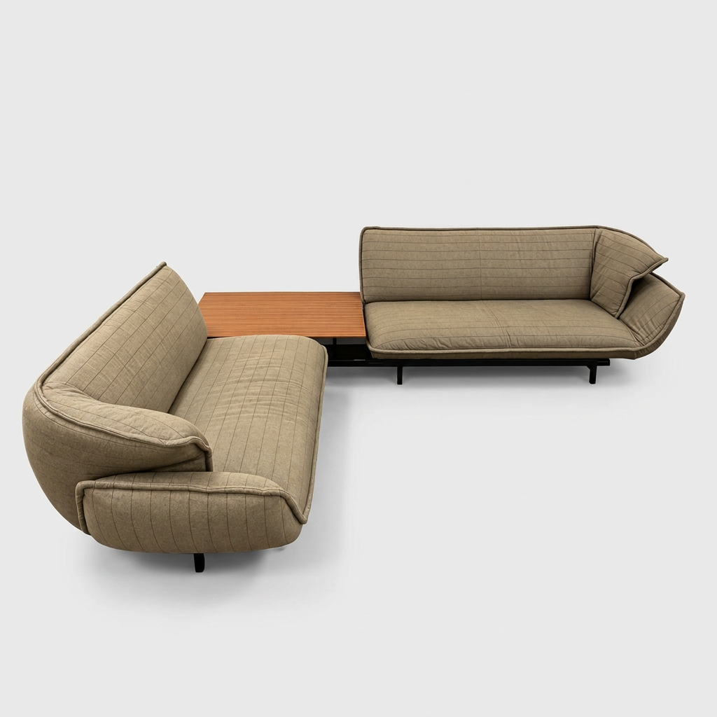 Two tan upholstered Cassina Beam Sectional Sofa with Corner Table sections connected by a rectangular wooden corner table.