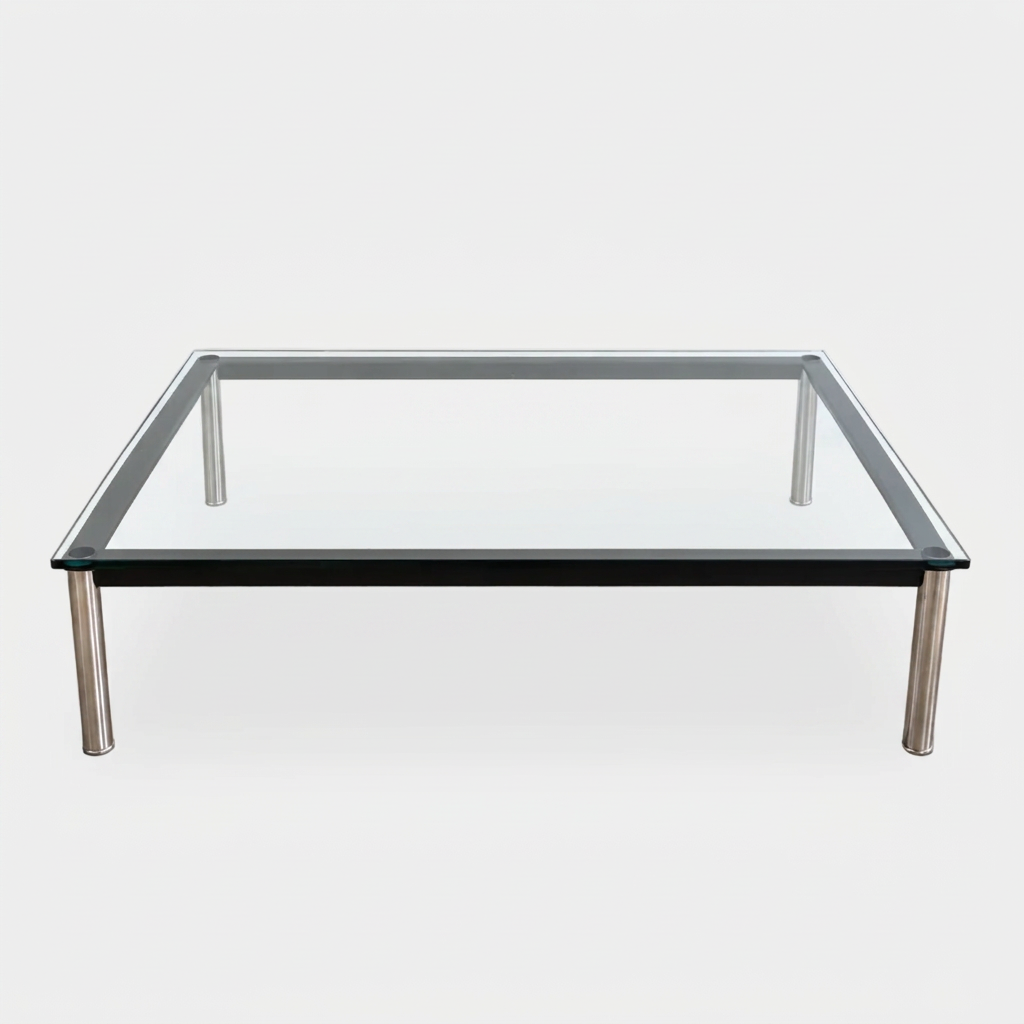 Cassina LC10 Low Glass Table featuring a low, square glass top, black frame, and four tubular metal legs in a mid-century modern style.