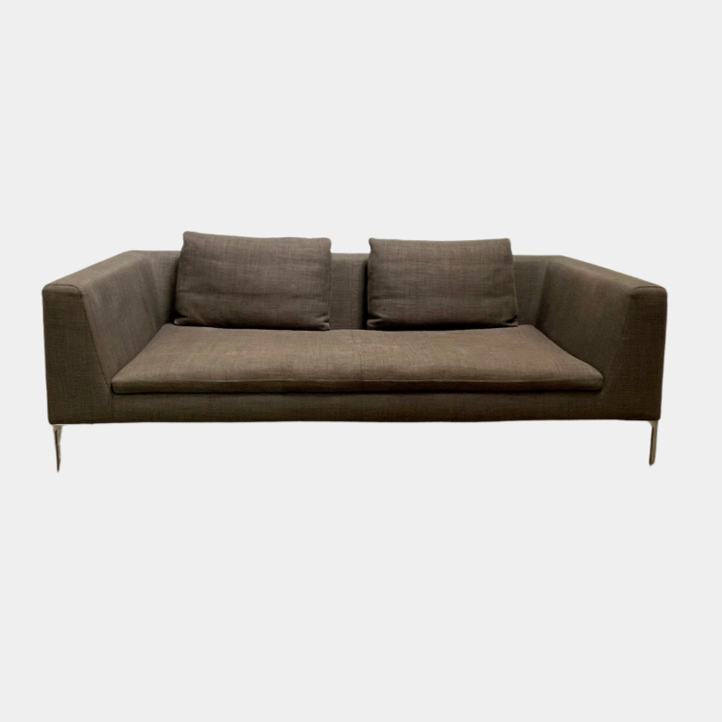 Elegant dark gray B&B Italia Charles Sofa with minimalist squared arms and two matching back cushions, showcased against a plain background.