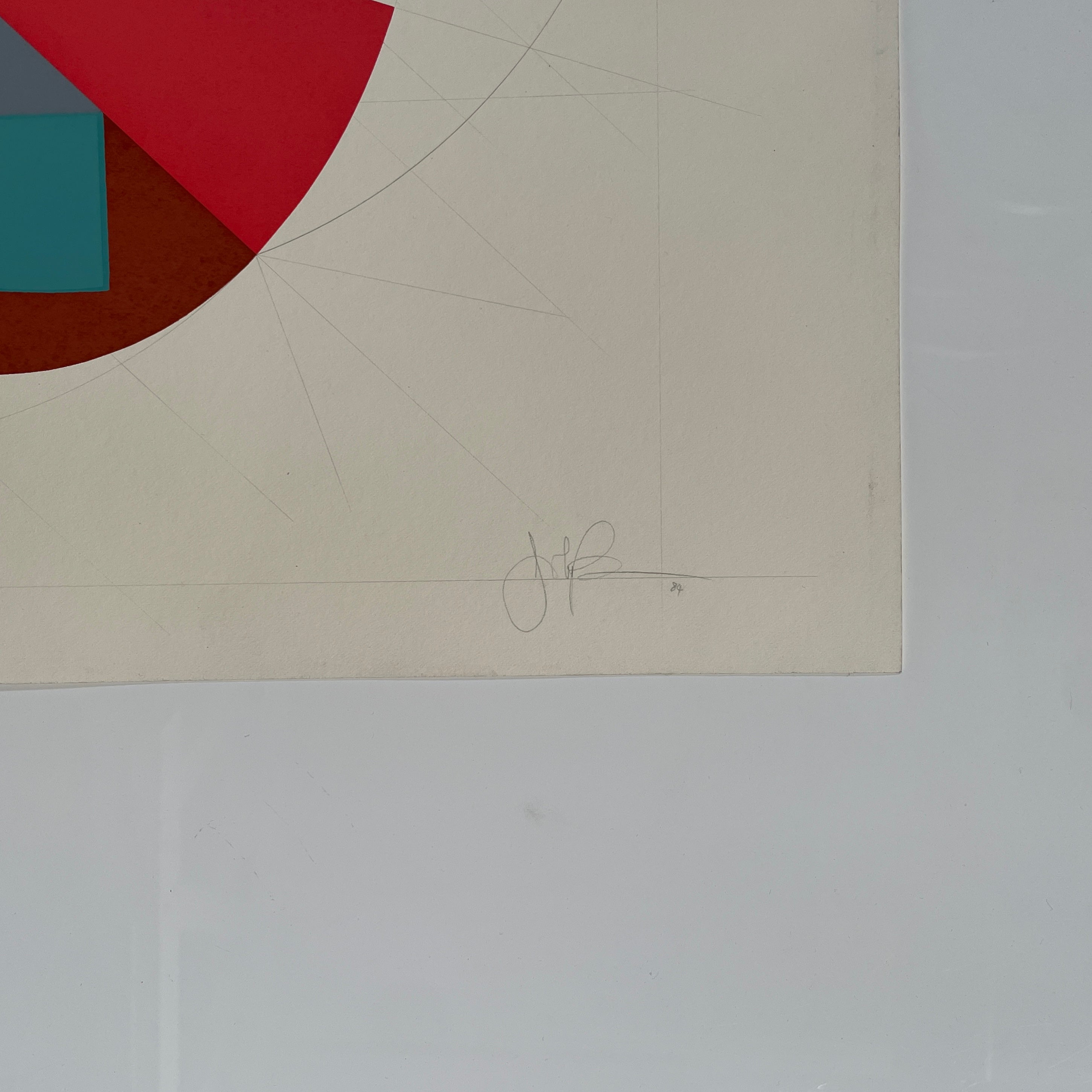 The John Pearson Circle-Section Series / Invert PC 1984 features abstract geometric artwork with overlapping red, teal, and brown shapes on a light background. Enhancing the composition is a subtle circular grid pattern, and John Pearson's signature can be seen at the bottom right.