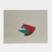 The John Pearson Circle-Section Series / Invert PC 1984 features abstract geometric artwork with overlapping red, teal, and brown shapes on a light background. Enhancing the composition is a subtle circular grid pattern, and John Pearson's signature can be seen at the bottom right.