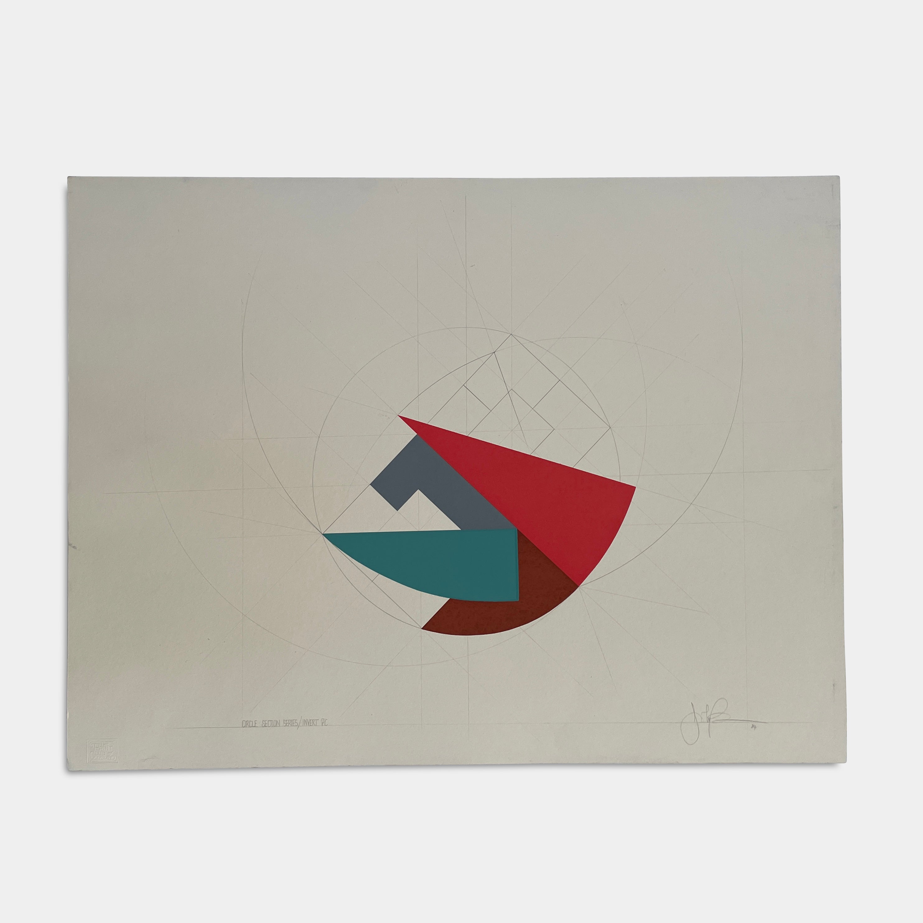 The John Pearson Circle-Section Series / Invert PC 1984 features abstract geometric artwork with overlapping red, teal, and brown shapes on a light background. Enhancing the composition is a subtle circular grid pattern, and John Pearson's signature can be seen at the bottom right.