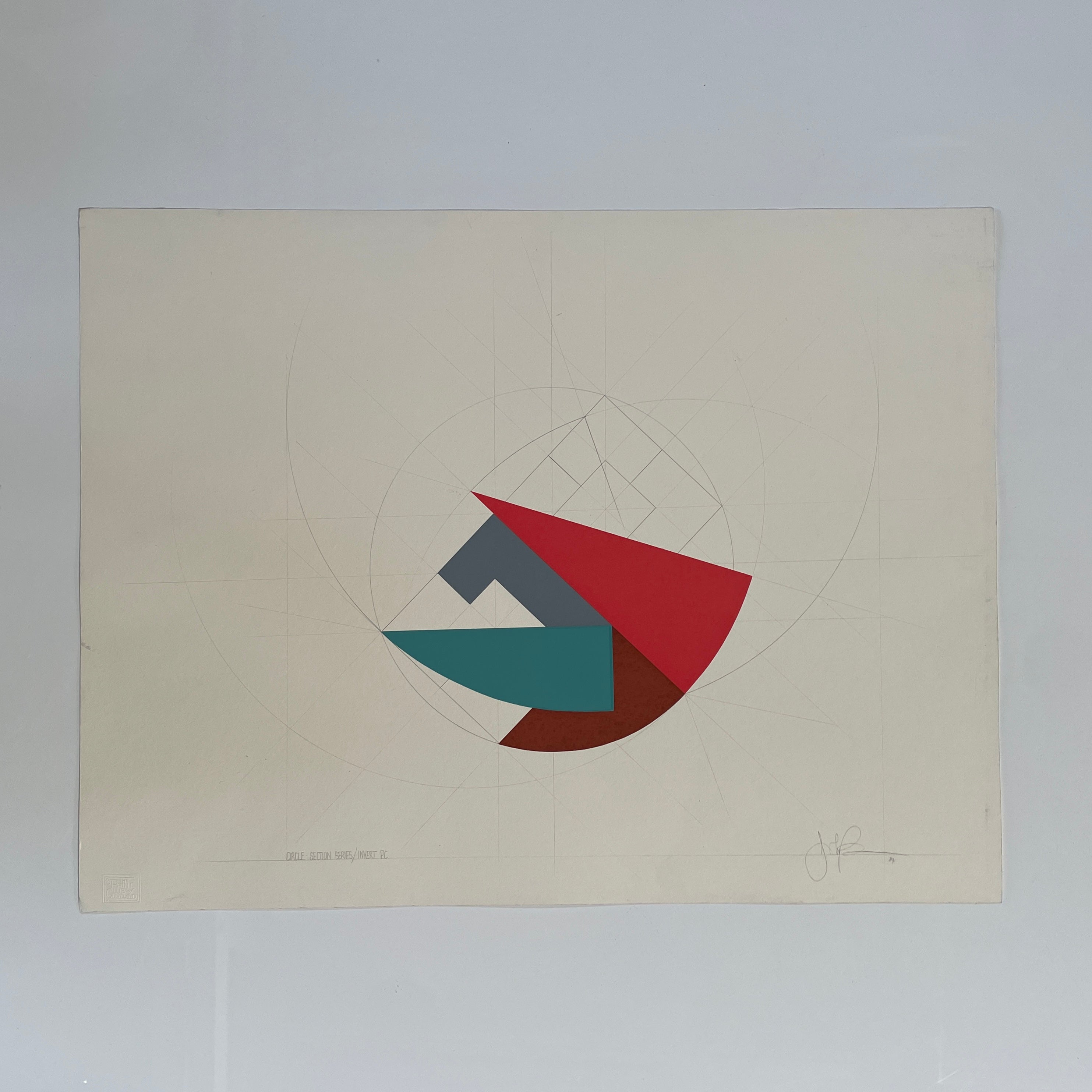 The John Pearson Circle-Section Series / Invert PC 1984 features abstract geometric artwork with overlapping red, teal, and brown shapes on a light background. Enhancing the composition is a subtle circular grid pattern, and John Pearson's signature can be seen at the bottom right.