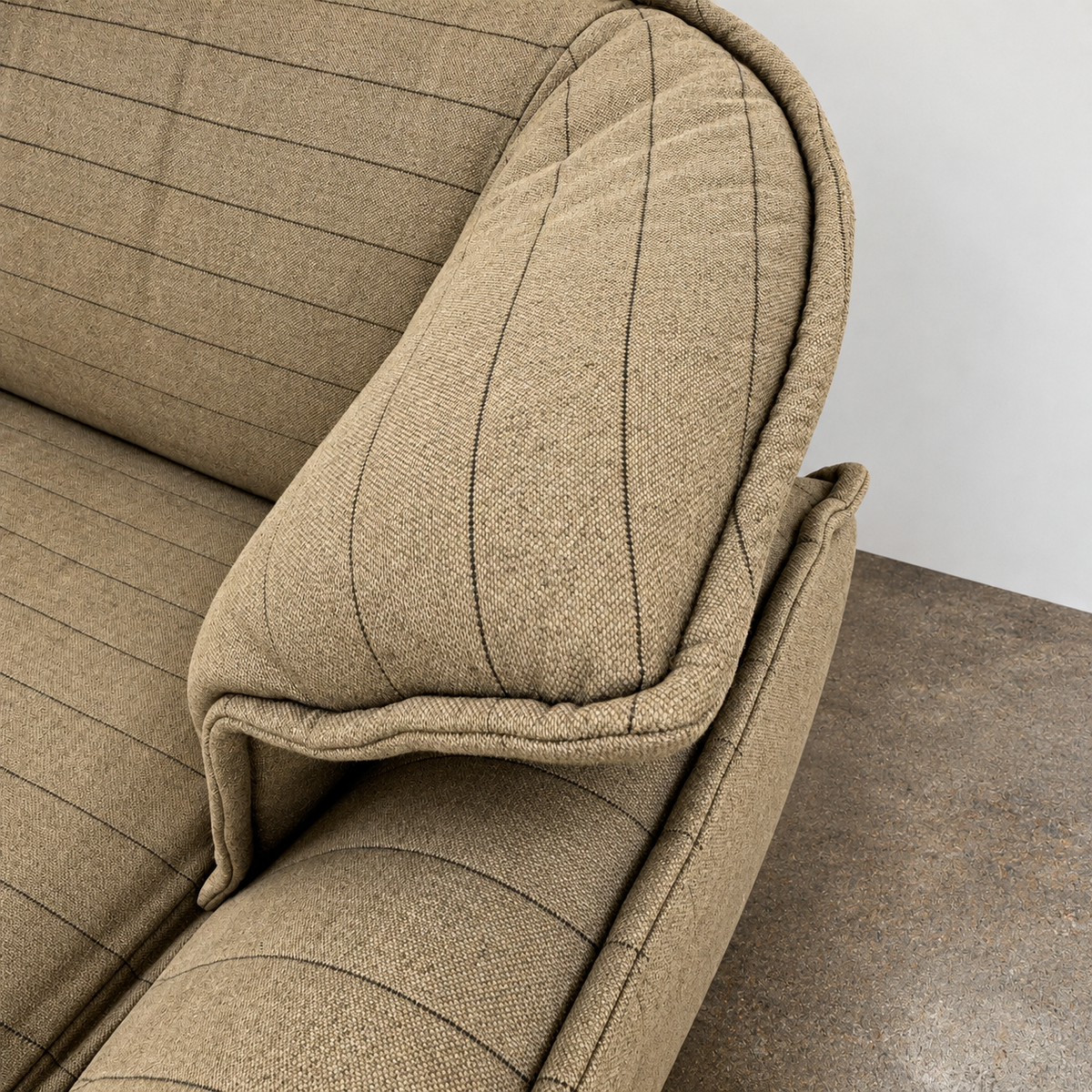 Two tan upholstered Cassina Beam Sectional Sofa with Corner Table sections connected by a rectangular wooden corner table.
