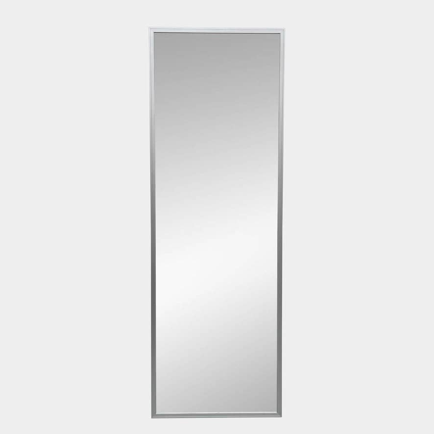 A Bellato Box Mirror Cabinet, featuring a rectangular, full-length design with a thin silver frame, stands elegantly against a plain light gray background.