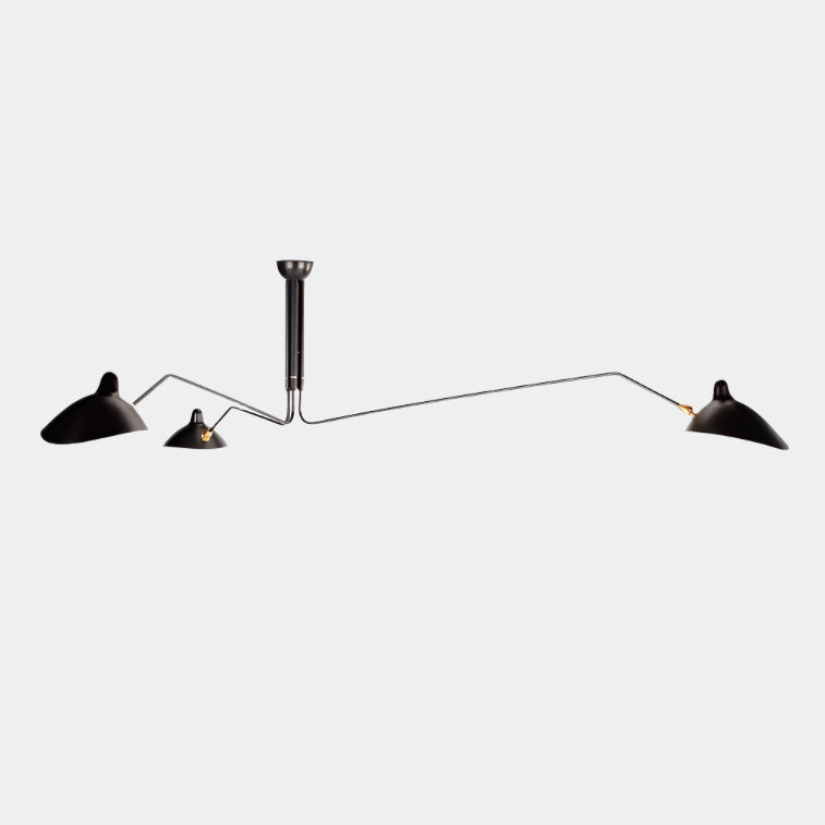 The Serge Mouille 3 Arm Ceiling Light by Serge Mouille features three black conical shades on adjustable metal arms from a central ceiling mount, displayed against a plain white background.
