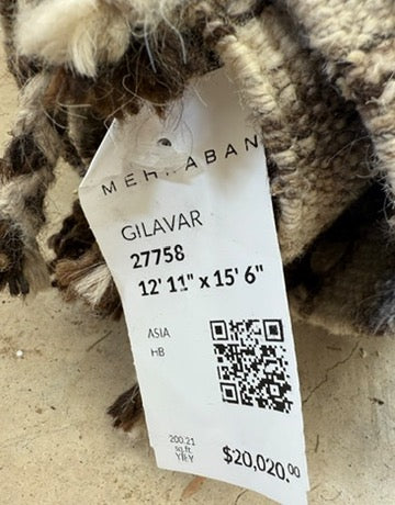 The Mehraban Gilavar Rug (13' x 15'.5") by Mehraban features handwoven, textured neutral tones, fringe tassels on the edges, and striped and patterned designs.