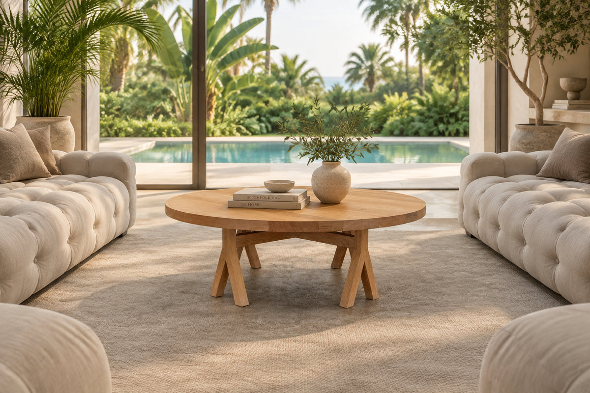 The De La Espada Commune Coffee Table 772, crafted by De La Espada from solid oiled oak, features a smooth round top and four angled legs. Displayed against a plain white background, it is ideal for enhancing communal living spaces.