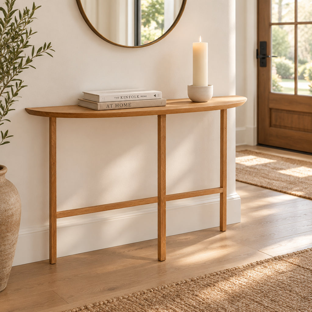 A De La Espada Trio Console Table 754CL by De La Espada stands against a white wall, showcasing modern woodworking with three vases, a beaded necklace, and a small stack of books arranged on its surface atop the concrete floor.