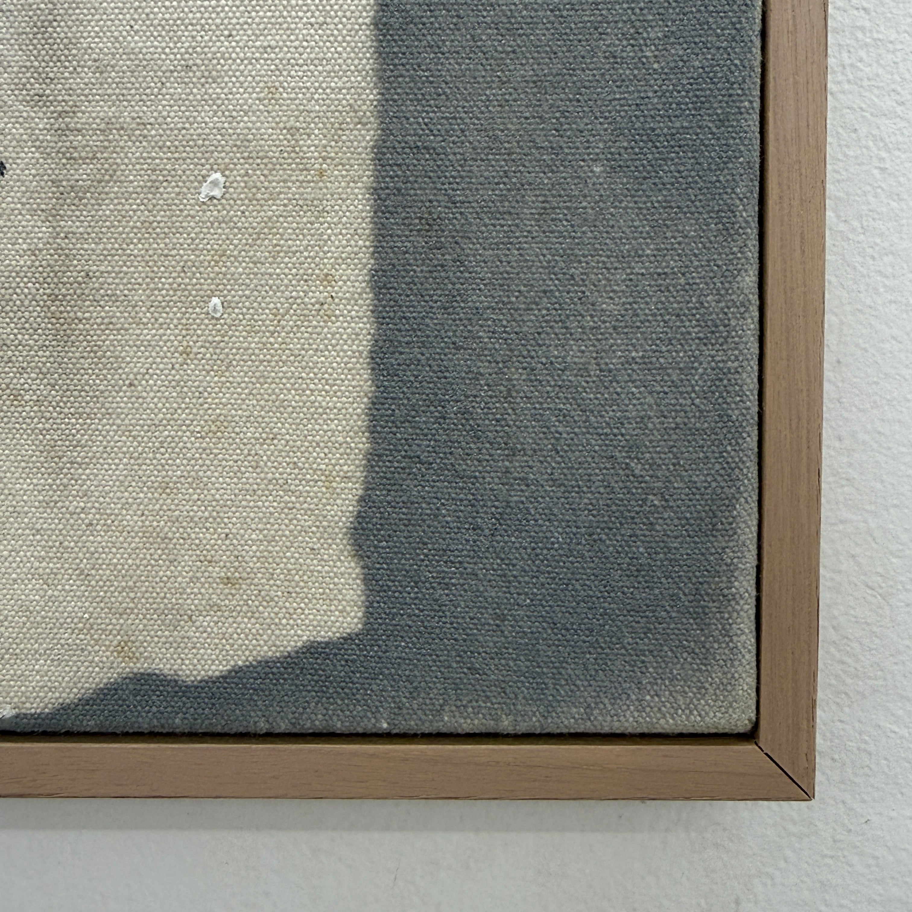 Framed Painting: Allison Caesar Mixed Media - Untitled by Artist features gray, beige, and yellow with circular forms, splatters, and dark spots on a textured background. This elegant artwork enhances any space.