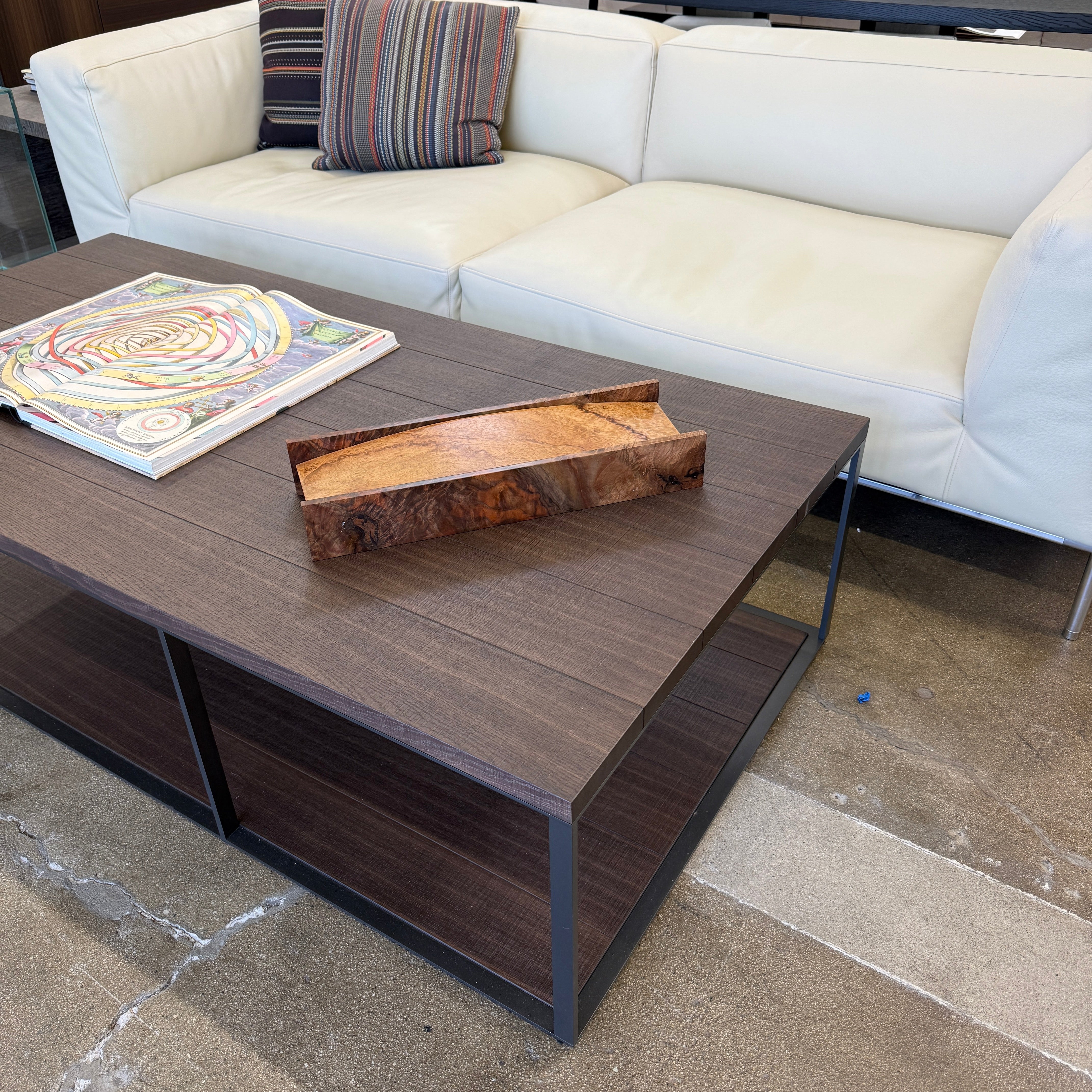 The MIke Fair Table Top Storage Box by Mike Fair Custom Furnishings features a rectangular design with raised sides and a glossy finish, highlighting the natural camphor burl and claro walnut wood grain. It is displayed on a white surface.