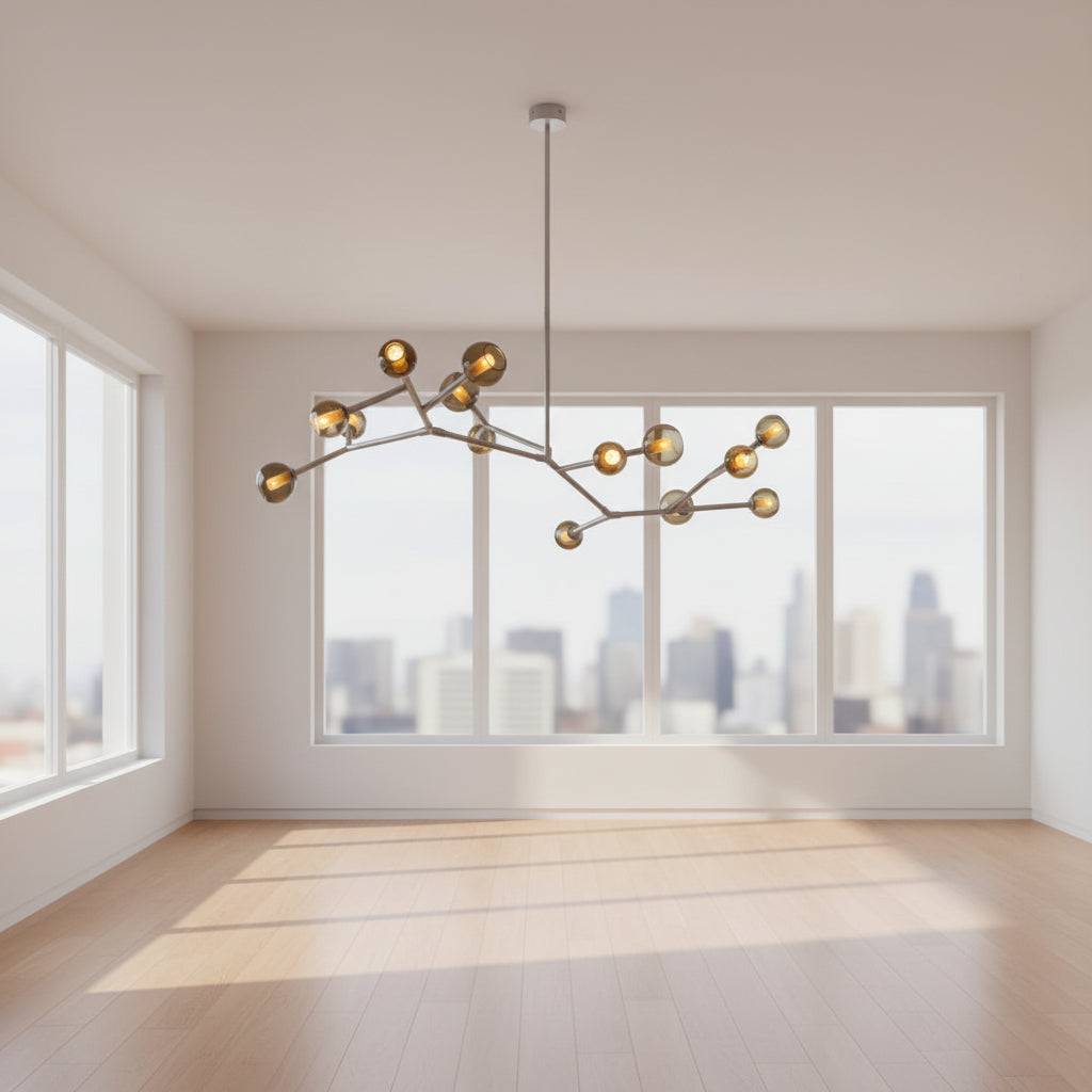 The Pouenat Last Night Branche Chandelier by Pouenat, featuring mouth-blown glass spheres, hangs beneath a white exposed beam ceiling with visible ductwork—an ideal statement for modern industrial interiors.