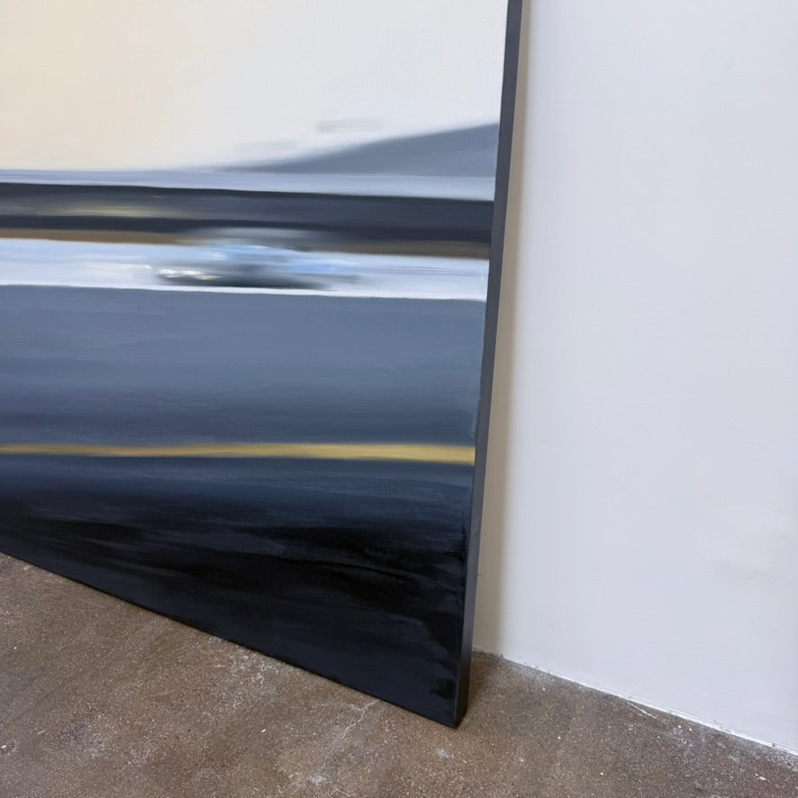 An abstract oil on canvas painting by Miguel Osuna titled “Chase,” depicting a blurred vehicle moving across a dark road against a pale, overcast sky.