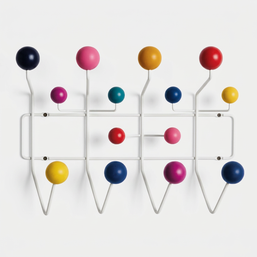 Eames Hang-It-All Multicolor Coat Rack featuring a wall-mounted white wire frame with whimsical, multicolored wooden spheres on the ends of each hook.