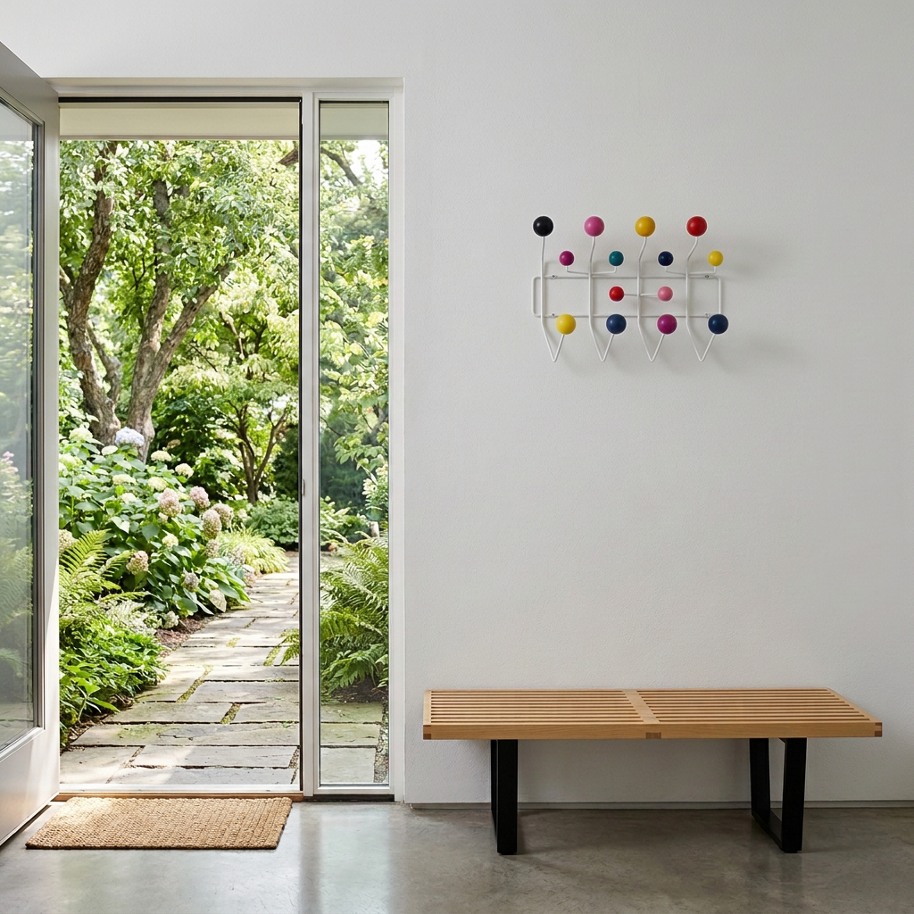 Eames Hang-It-All Multicolor Coat Rack featuring a wall-mounted white wire frame with whimsical, multicolored wooden spheres on the ends of each hook.