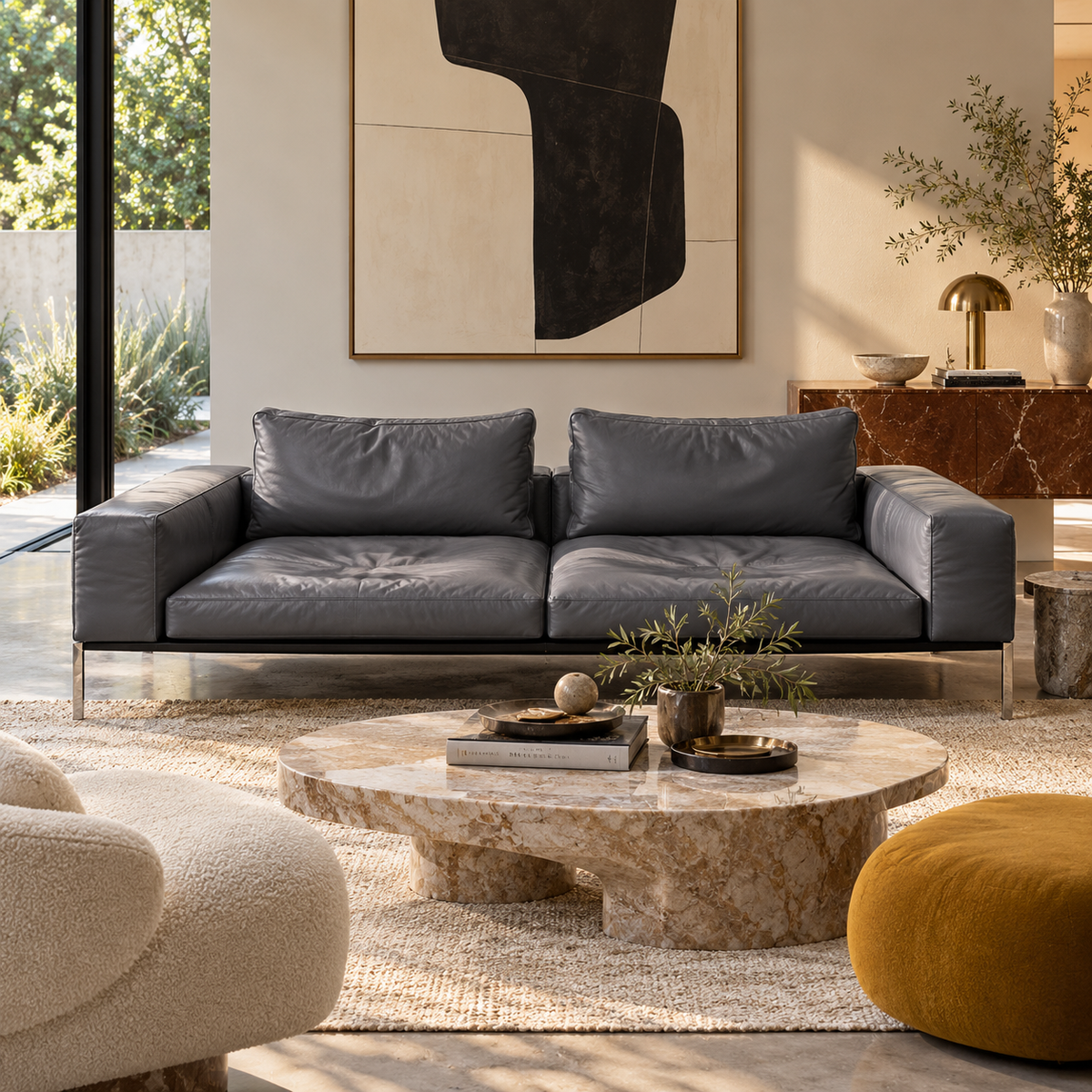 Flexform Lifesteel gray leather sofa on a thin metal frame with slender legs.