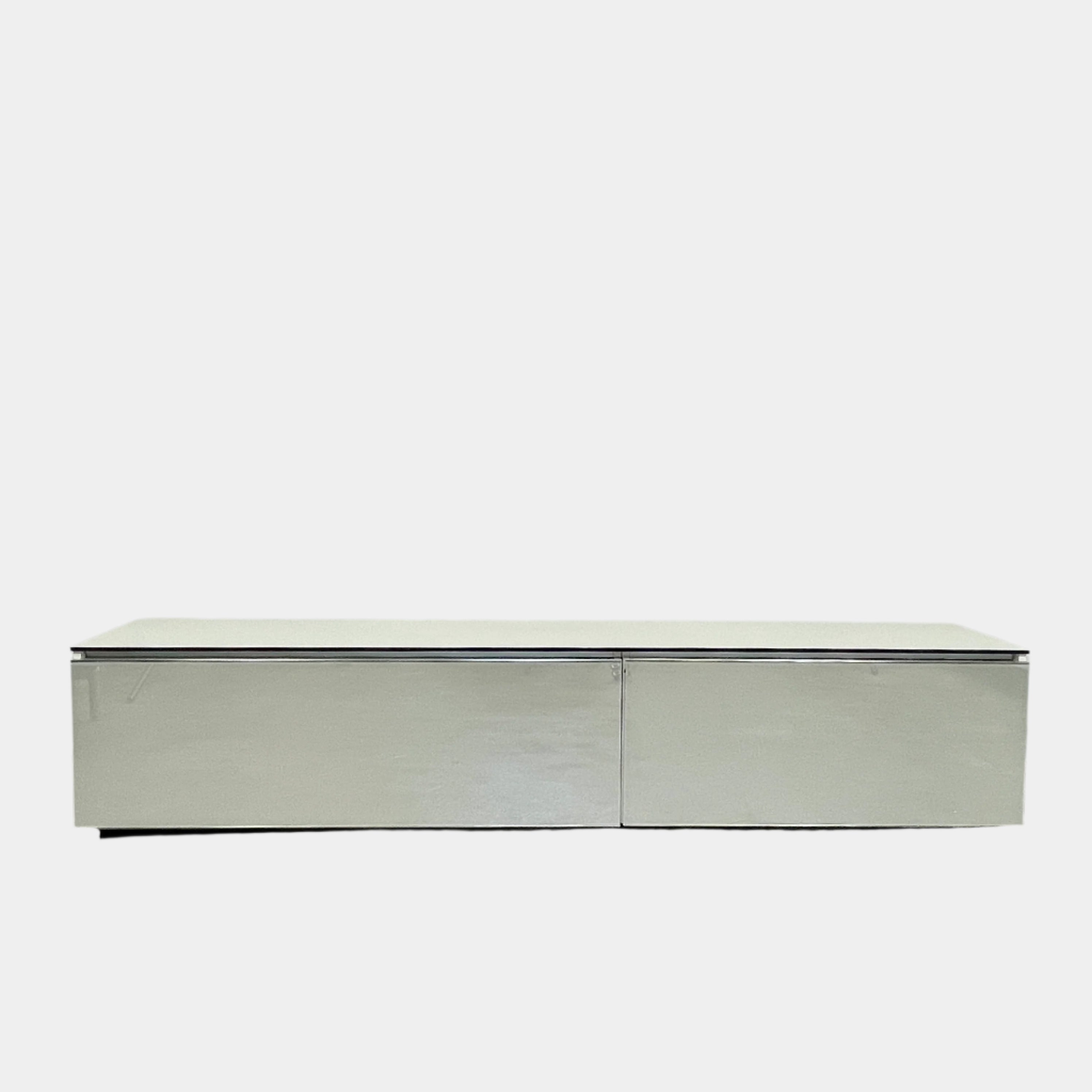 The B&B Italia Pab Low Console by B&B Italia is a rectangular, low-profile media console with glossy pearl white doors and two doors, perfect for stylish storage, shown against a plain white background.