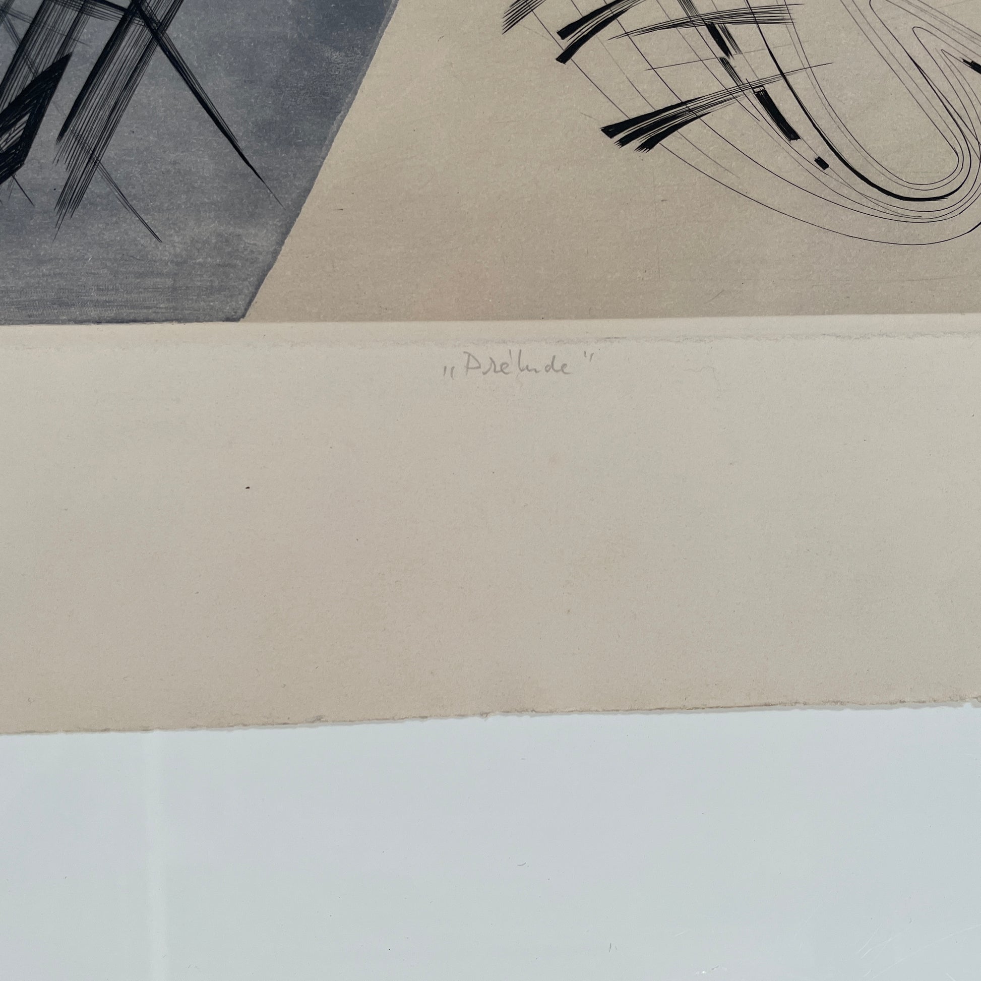 The "Prelude" Archival Print by Ferdinand Springer, available under the brand Ferdinand Springer, features intersecting black lines, a red-orange circle, and gray curved shapes on a light background, reminiscent of an original aquatint etching.