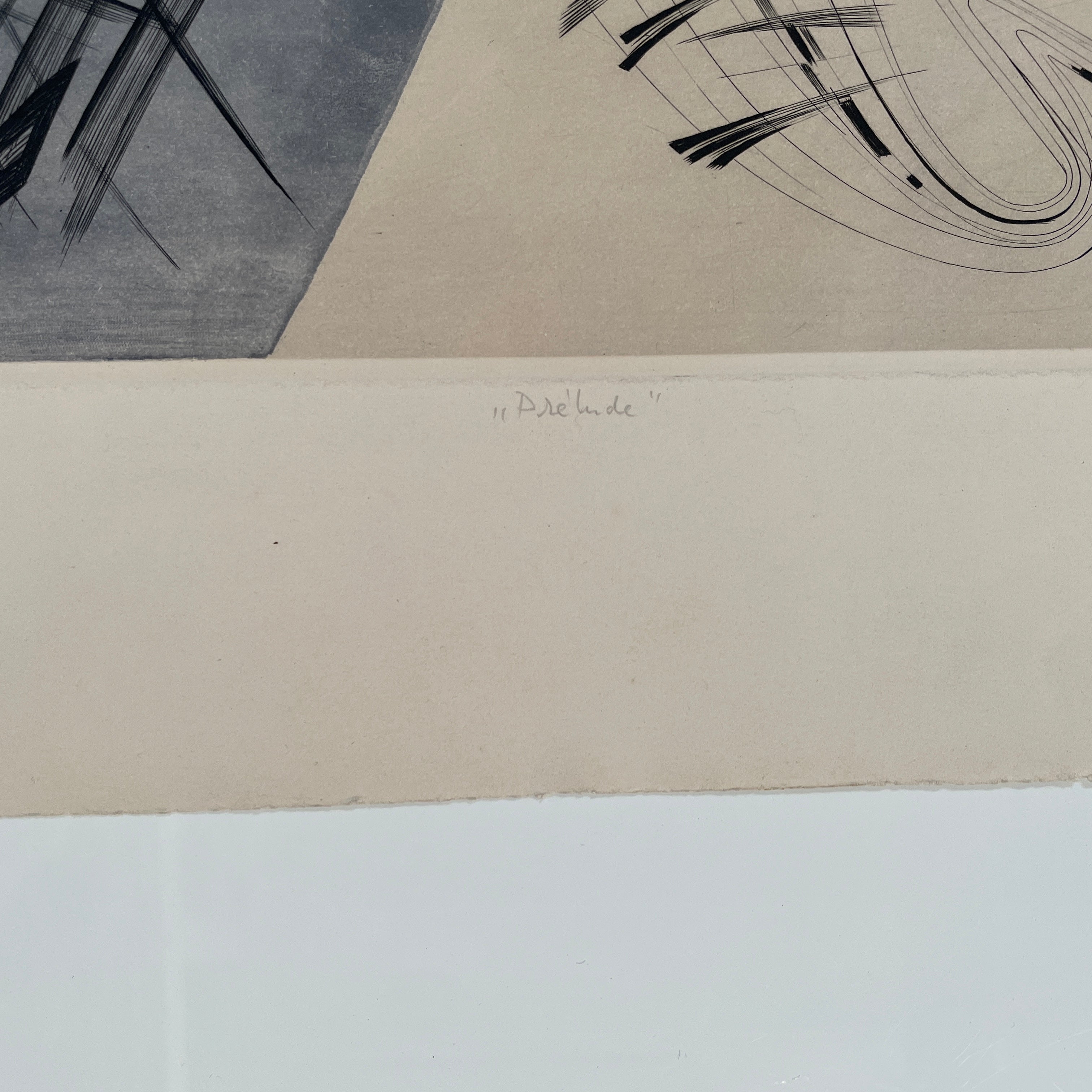 The "Prelude" Archival Print by Ferdinand Springer, available under the brand Ferdinand Springer, features intersecting black lines, a red-orange circle, and gray curved shapes on a light background, reminiscent of an original aquatint etching.