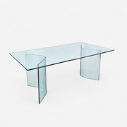 Fiam Italia Corner Dining Table, a rectangular glass table with two curved glass pedestal bases.