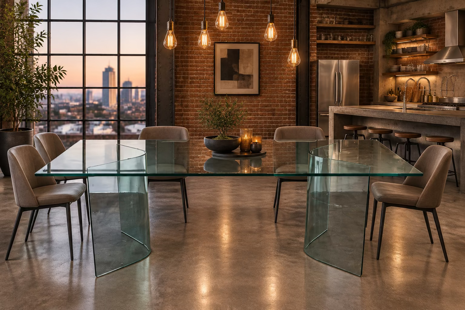 Fiam Italia Corner Dining Table, a rectangular glass table with two curved glass pedestal bases.