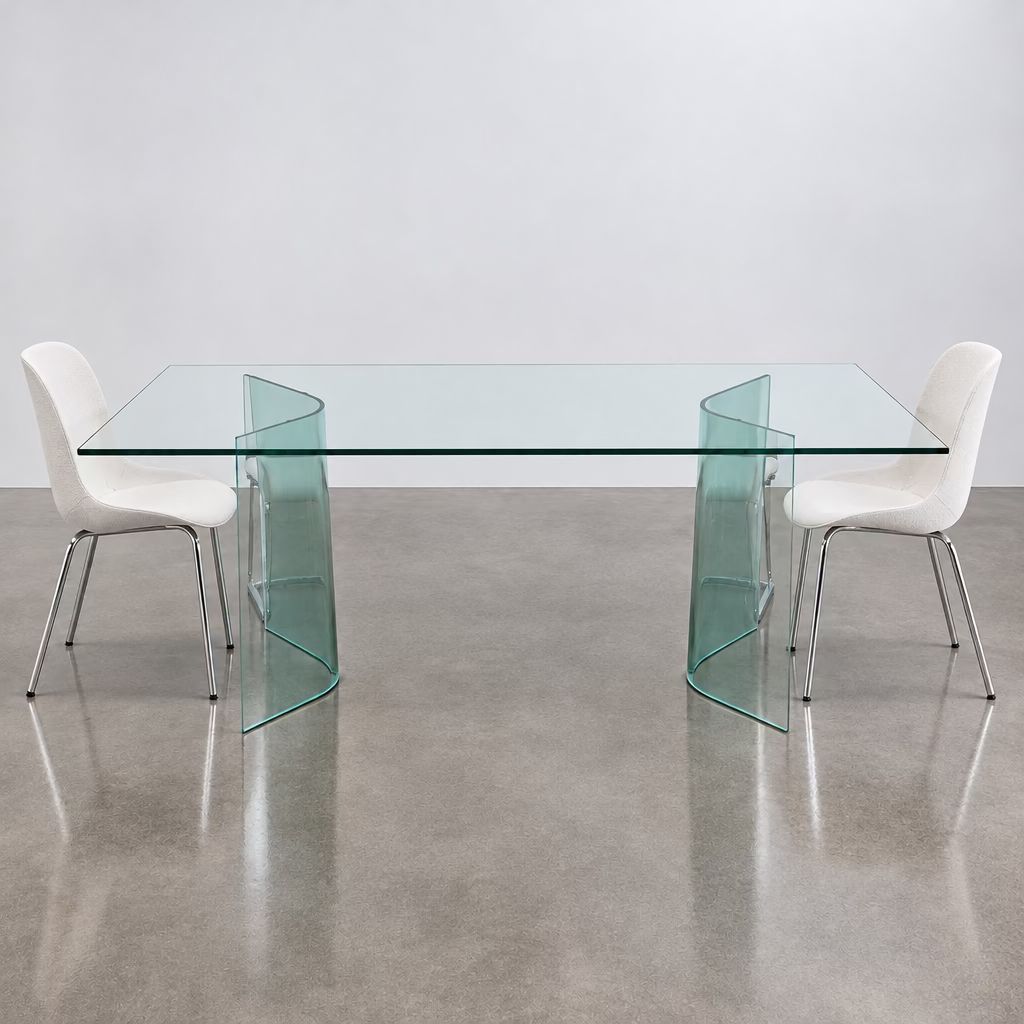 Fiam Italia Corner Dining Table, a rectangular glass table with two curved glass pedestal bases.