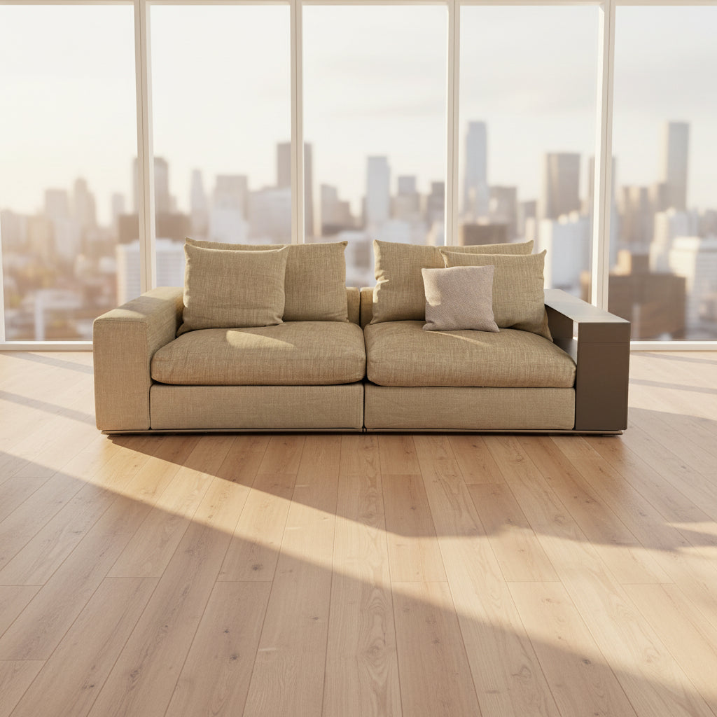 The Flexform Groundpiece Sofa With Leather Shelving by Flexform is a beige two-seater featuring four large cushions, one small beige cushion, and a dark leather shelf attached to the right armrest for sleek modern seating.