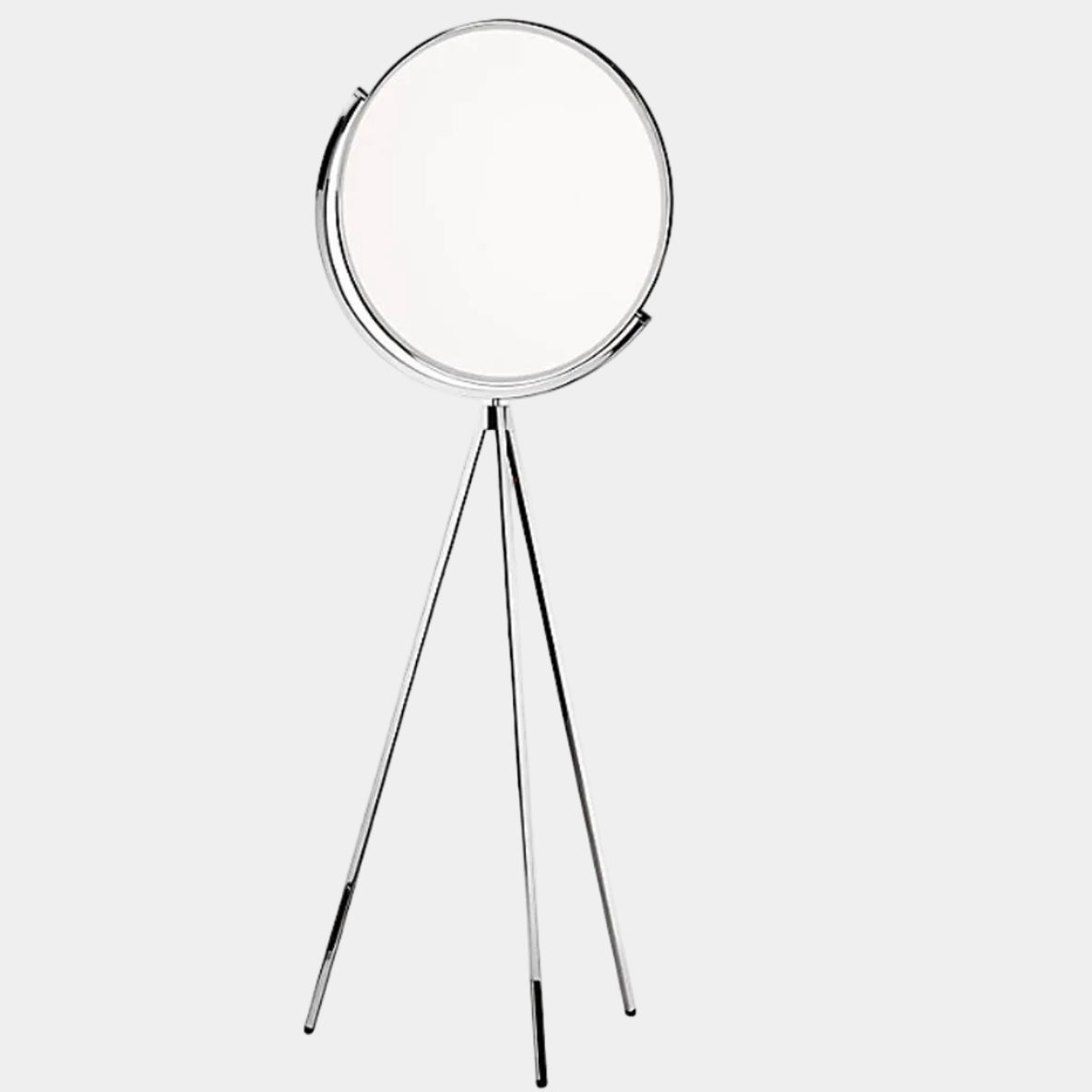 The Flos Superloon Floor Lamp by Flos features a round light on a three-legged chrome stand with a modern tripod design, set against a plain light background.