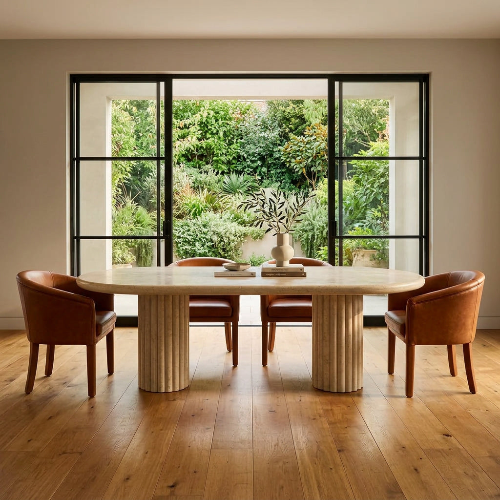 Form LA Fluta Oval Dining Table in Crema Marfil with a smooth top and two fluted cylindrical pedestals inspired by Roman architecture.