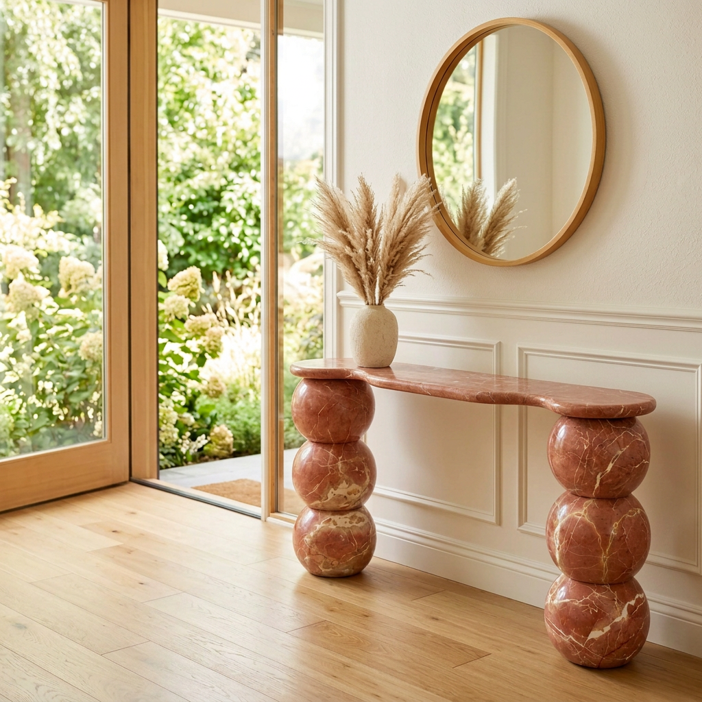 Form(LA) Palla Console Table in Rojo Alicante marble with a scalloped top supported by two stacks of three large red veined spheres.