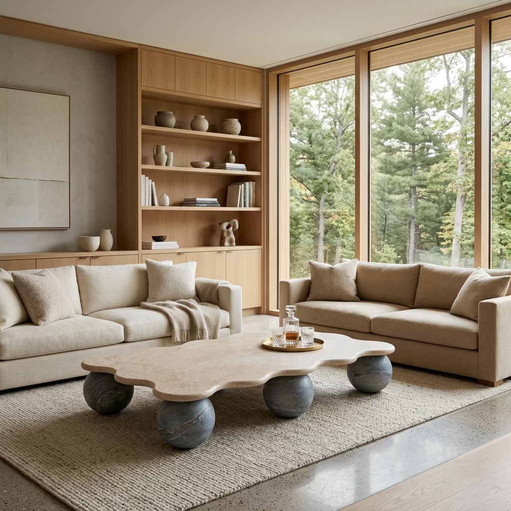 Form(LA) Palla Rectangle Coffee Table with a wavy-edged stone top supported by three spherical stone legs.