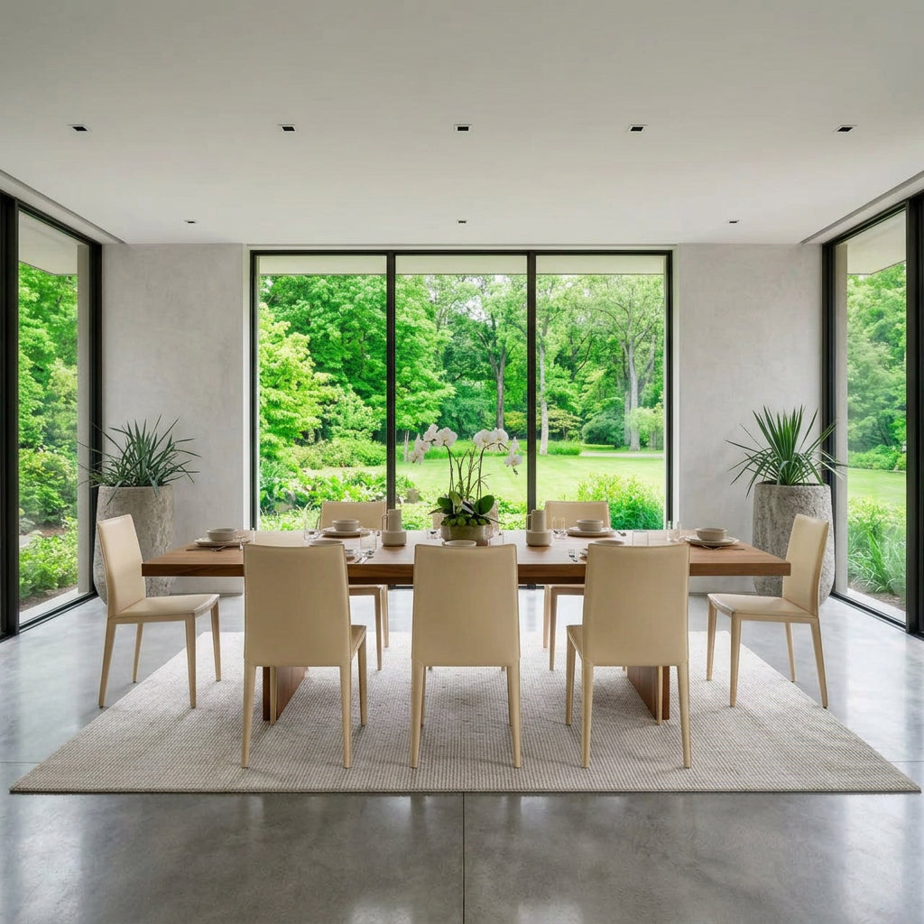 Eight light-tan Frag Bottega leather dining chairs arranged in two rows.