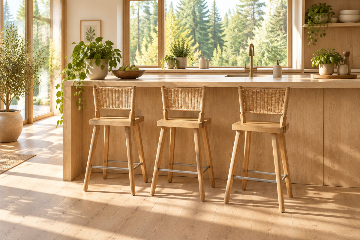 The Furniture Marolles Counter Stool Set of 3 by Furniture Marolles, featuring wooden construction and woven backrests inspired by handcrafted design, is arranged side by side against a plain white background.