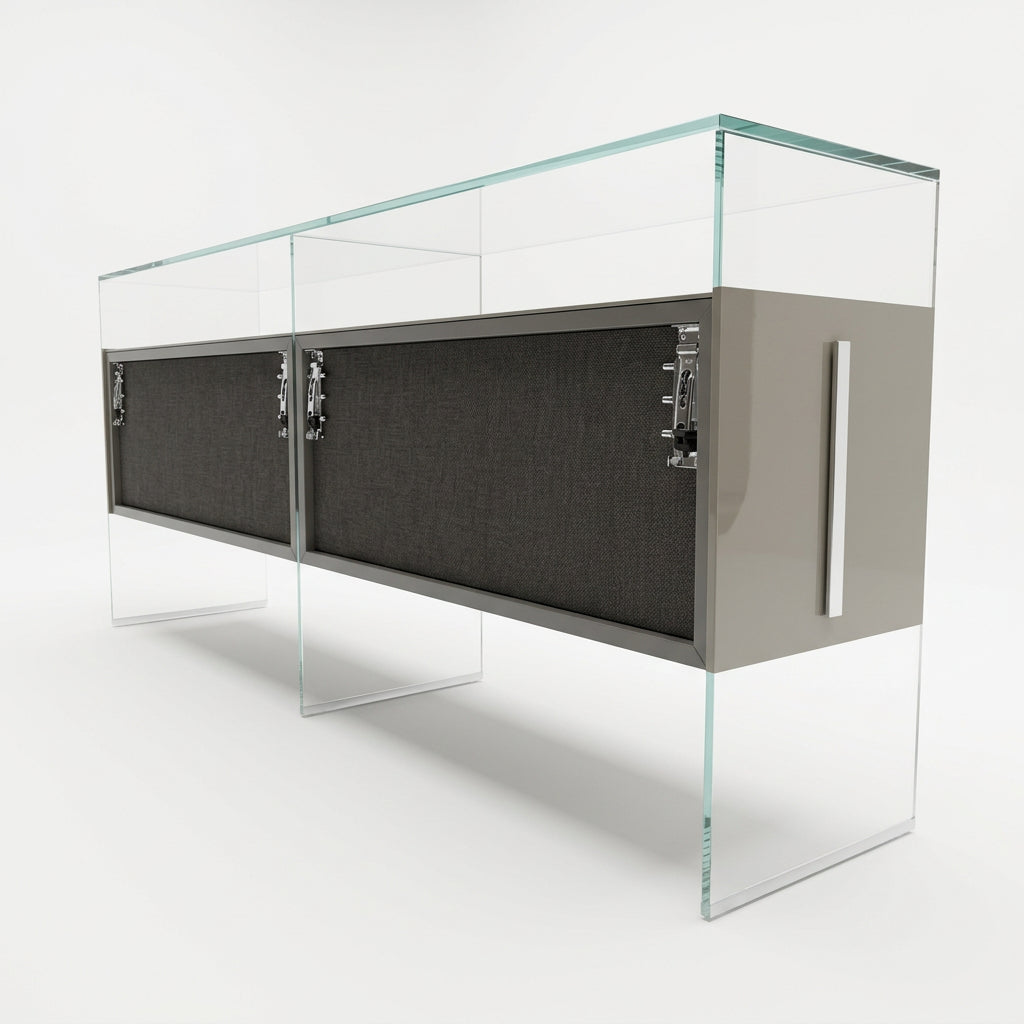 A long Gallotti & Radice Air Console Table featuring a clear glass frame and four opaque taupe storage cabinets.
