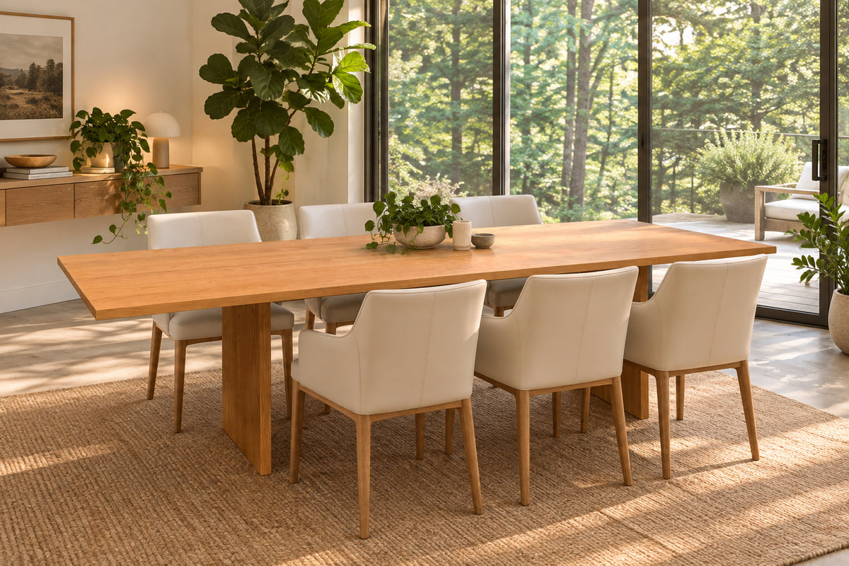 A Dk3 Gather table, crafted from solid oak with a flat rectangular top and two wide, flat legs at each end, is set against a plain white background.