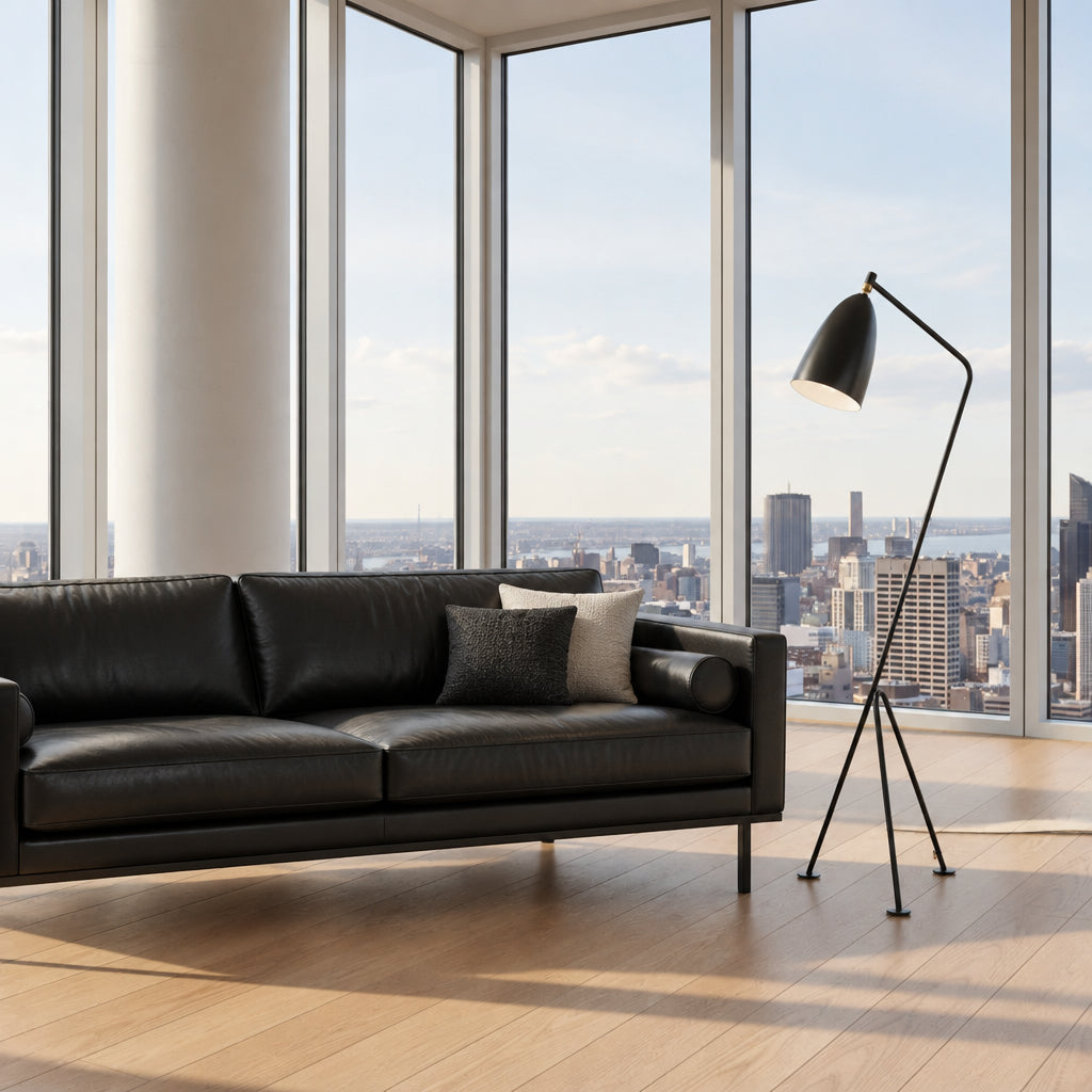 The Gubi Grashoppa Floor Lamp by Gubi, featuring a black finish, curved neck, tripod base, and bell-shaped shade inspired by the iconic Greta Grossman design, stands on a white background with its power cord visible.