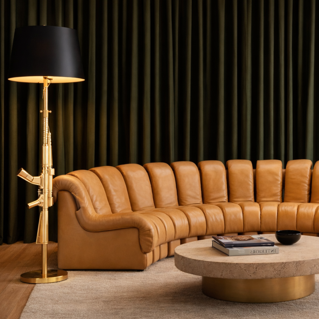 The Flos Guns Lounge Floor Lamp Gold by Flos features a shiny gold rifle-shaped base and a black lampshade, inspired by Philippe Starck, standing against a plain white background.