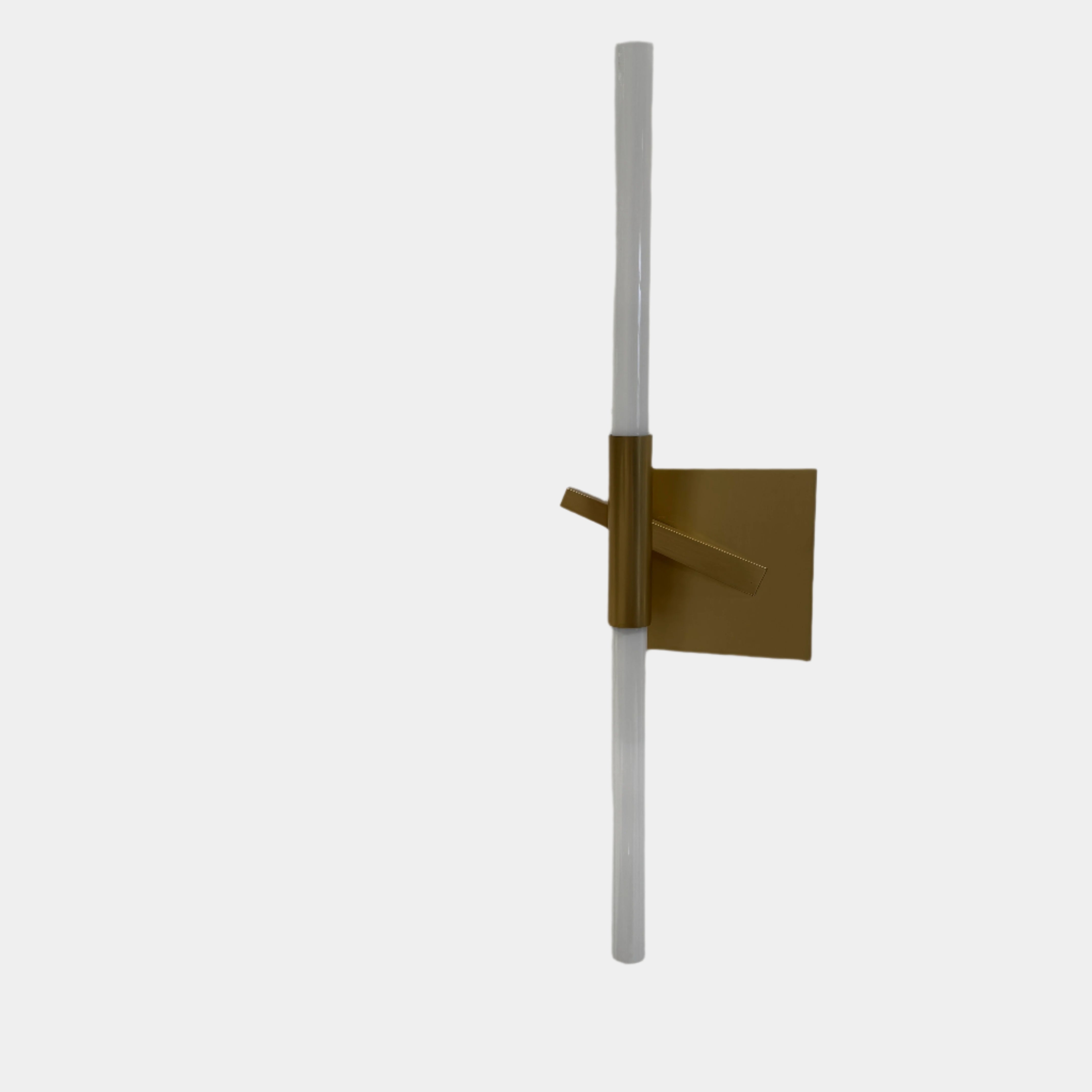 The Roll & Hill Agnes Wall Sconces (Set of 2) feature vertical cylindrical white fixtures on square brass bases with geometric and angled brass accents for a modern look.