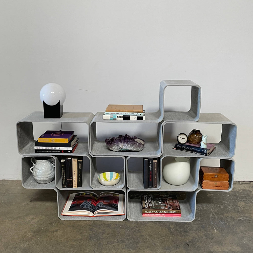 An Eternit Tetris Modular Shelving Unit made out of squares and rectangles.