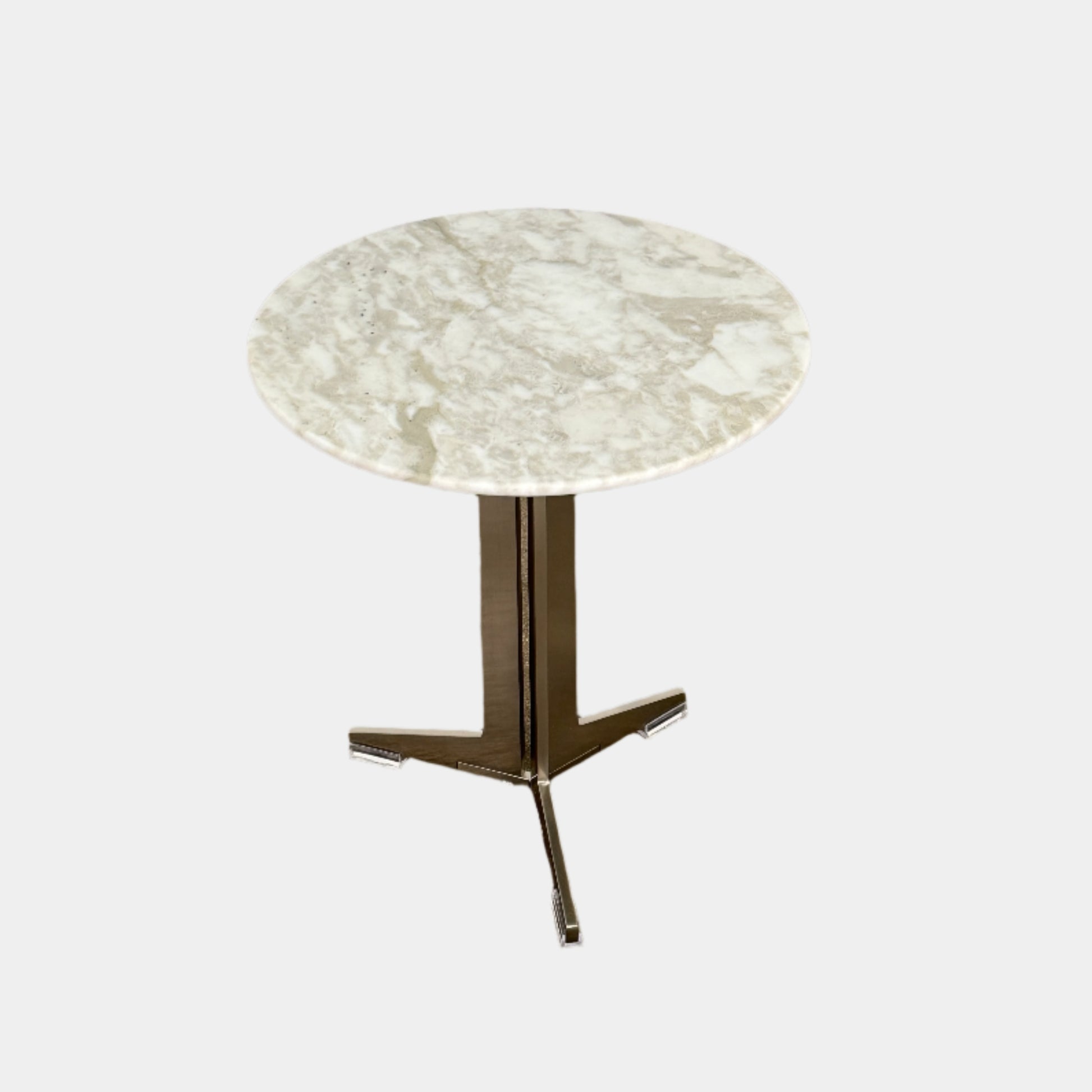 The Flexform Fly Small Table by Modern Resale is a chic side table with a white marble top and metal base, elegantly positioned on a polished concrete floor against a light-colored wall.