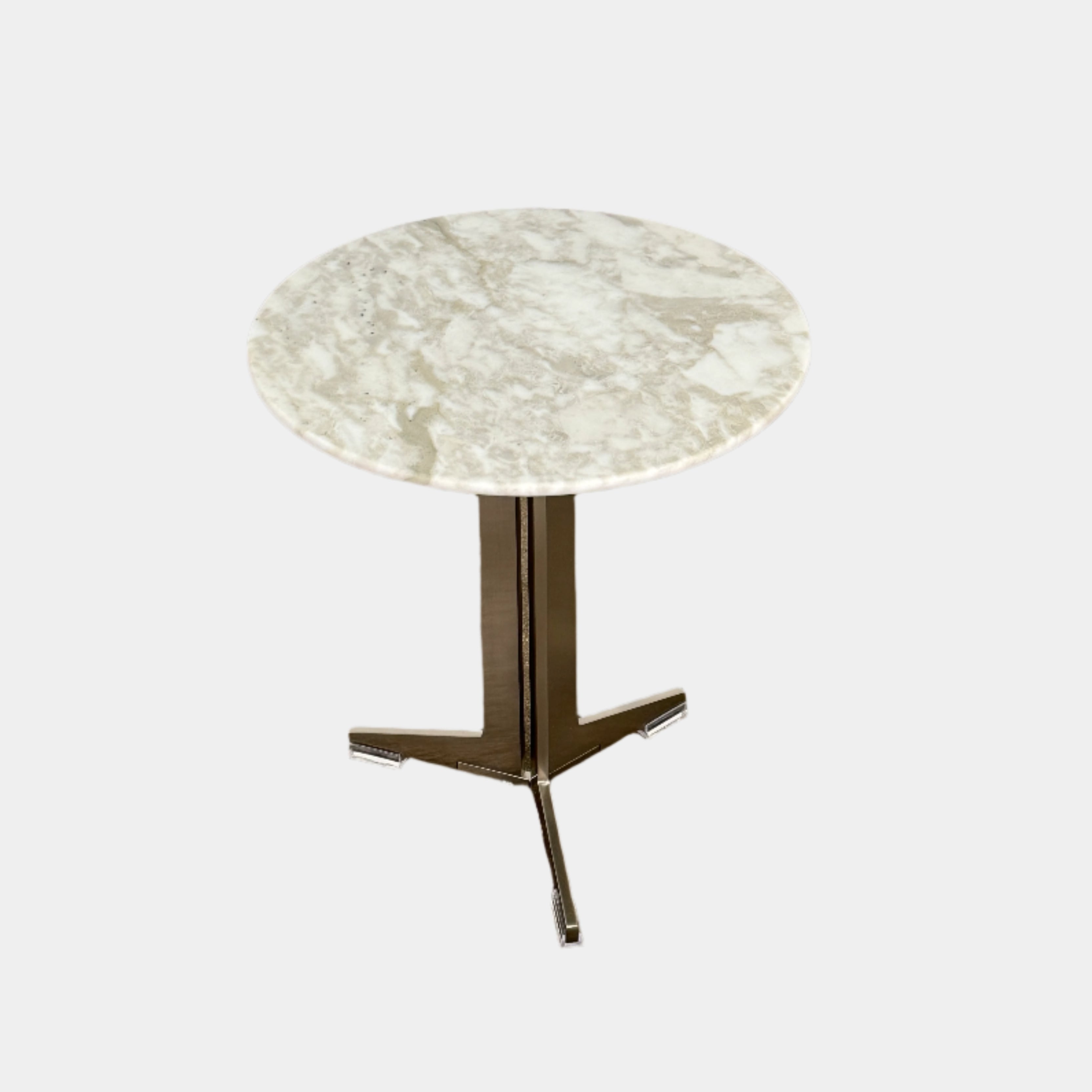 The Flexform Fly Small Table by Modern Resale is a chic side table with a white marble top and metal base, elegantly positioned on a polished concrete floor against a light-colored wall.