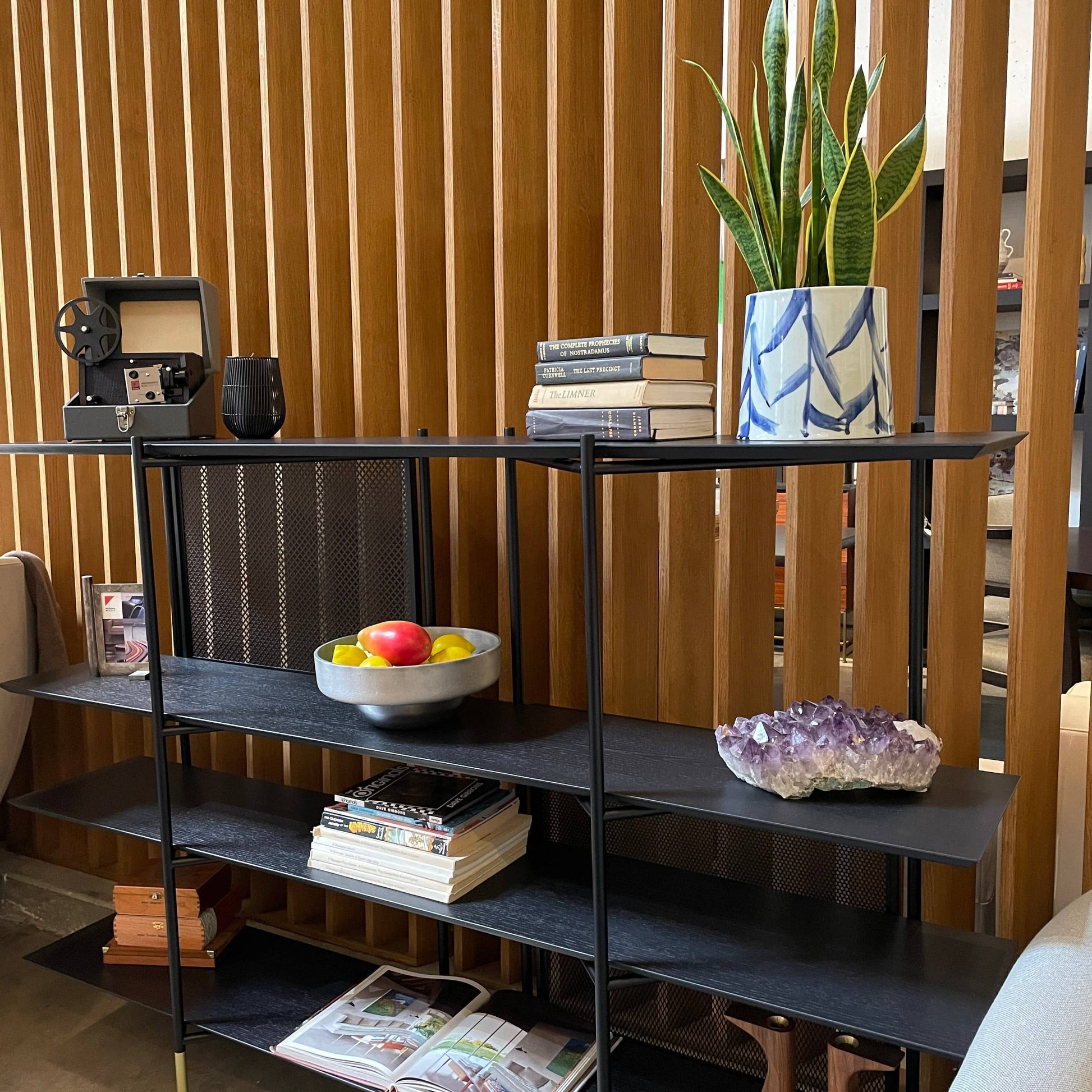 A Ligne Roset Clyde Bookcase with a mesh back.