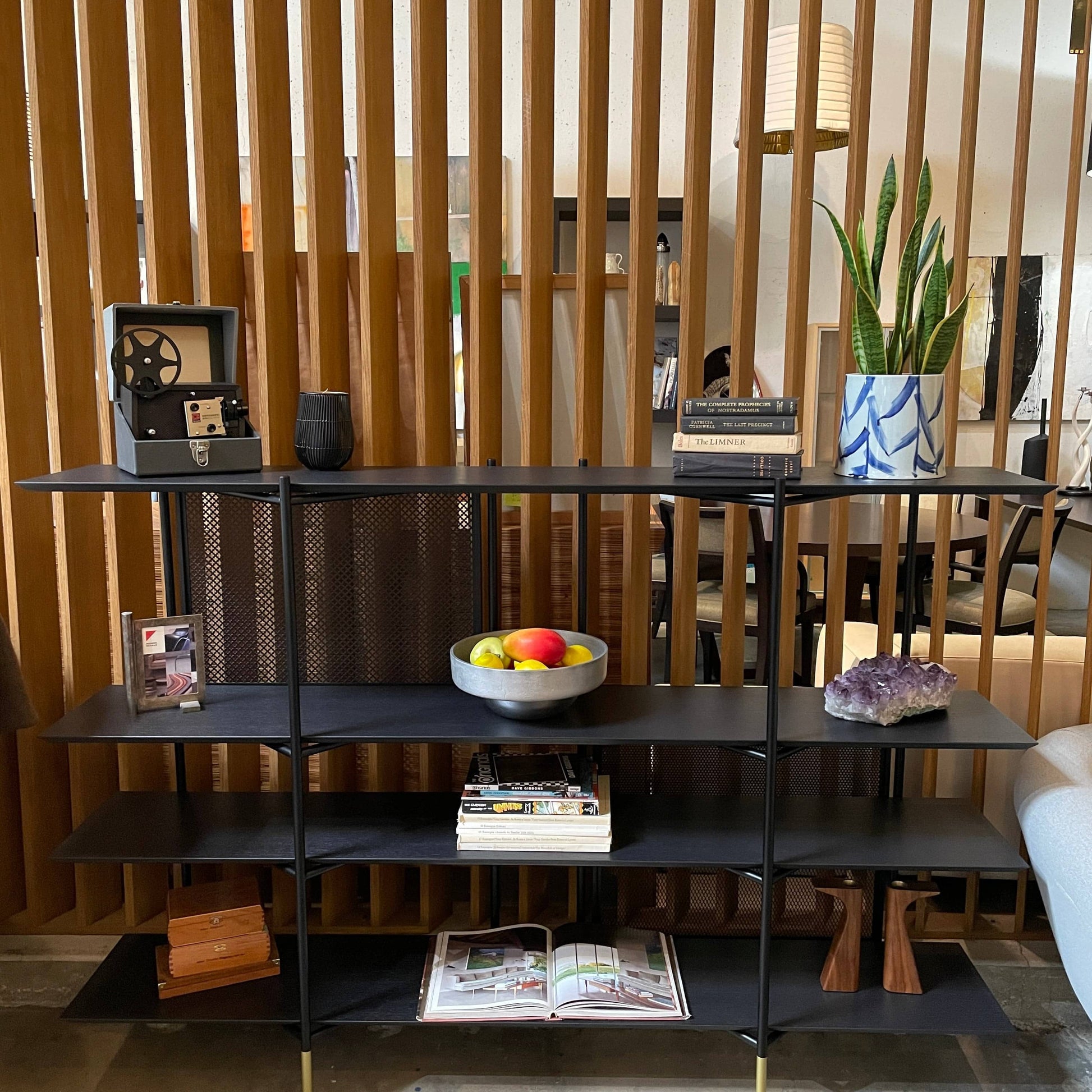 A Ligne Roset Clyde Bookcase with a mesh back.